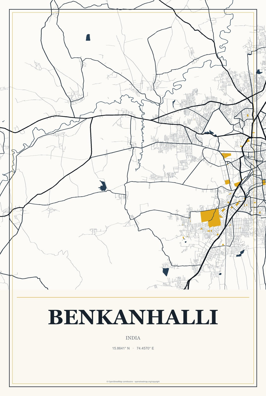 Benkanhalli, India City Map Aluminum Sign in Citrine Modern style