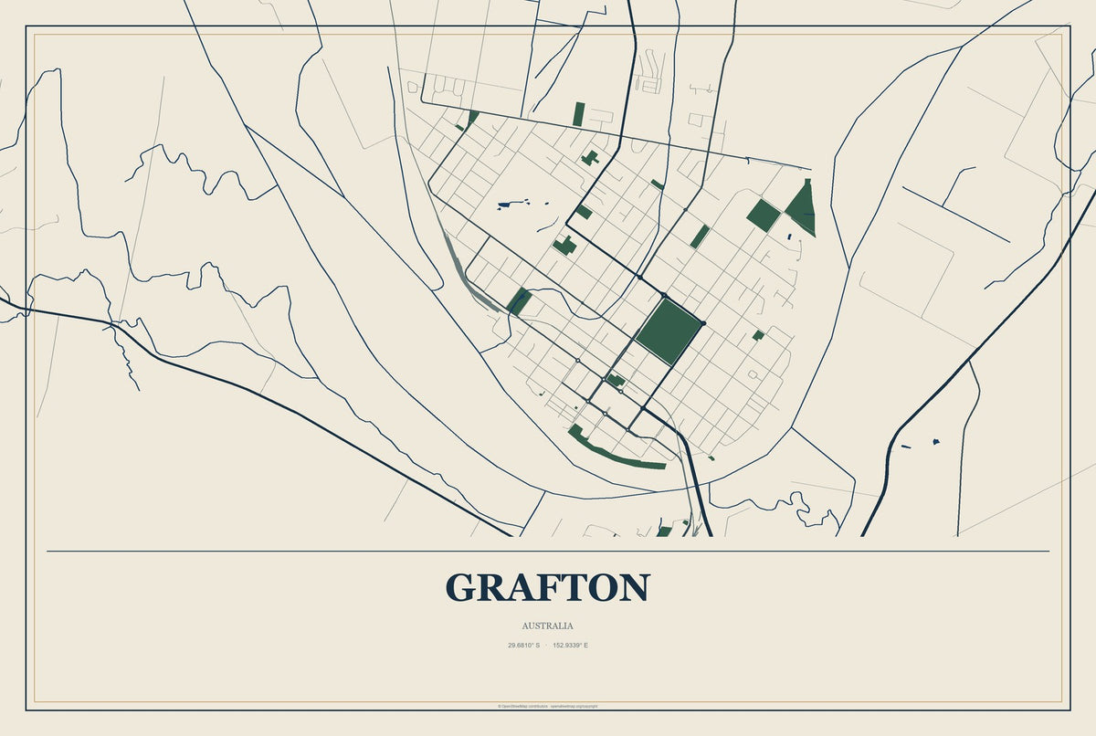 Grafton, Australia City Map Aluminum Sign in Coastal Cutout style