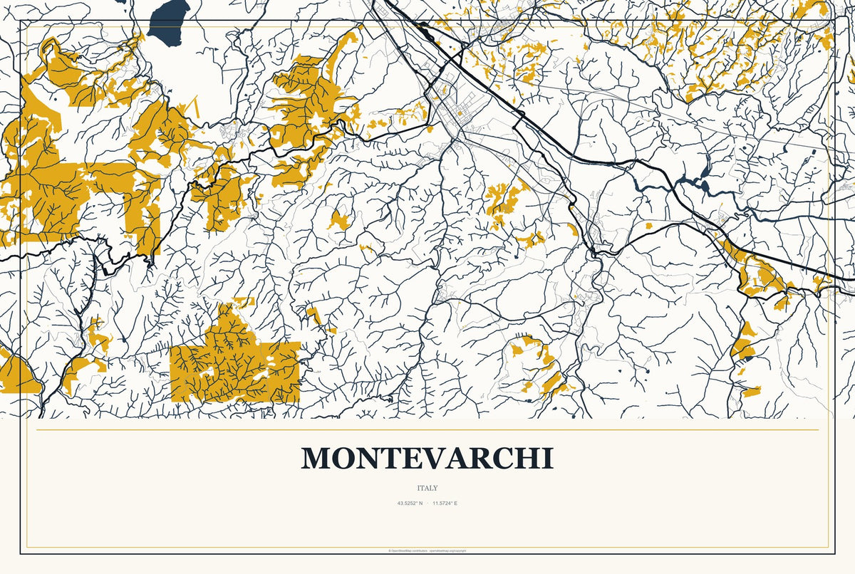 Montevarchi, Italy City Map Aluminum Sign in Citrine Modern style