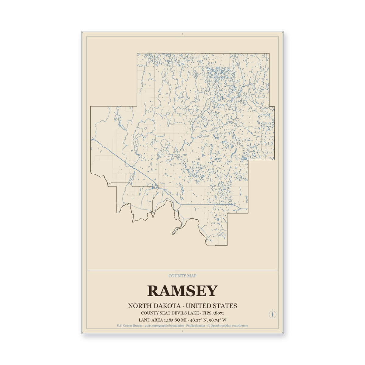 Ramsey County, North Dakota Map Aluminum Sign in Heritage Nautical style