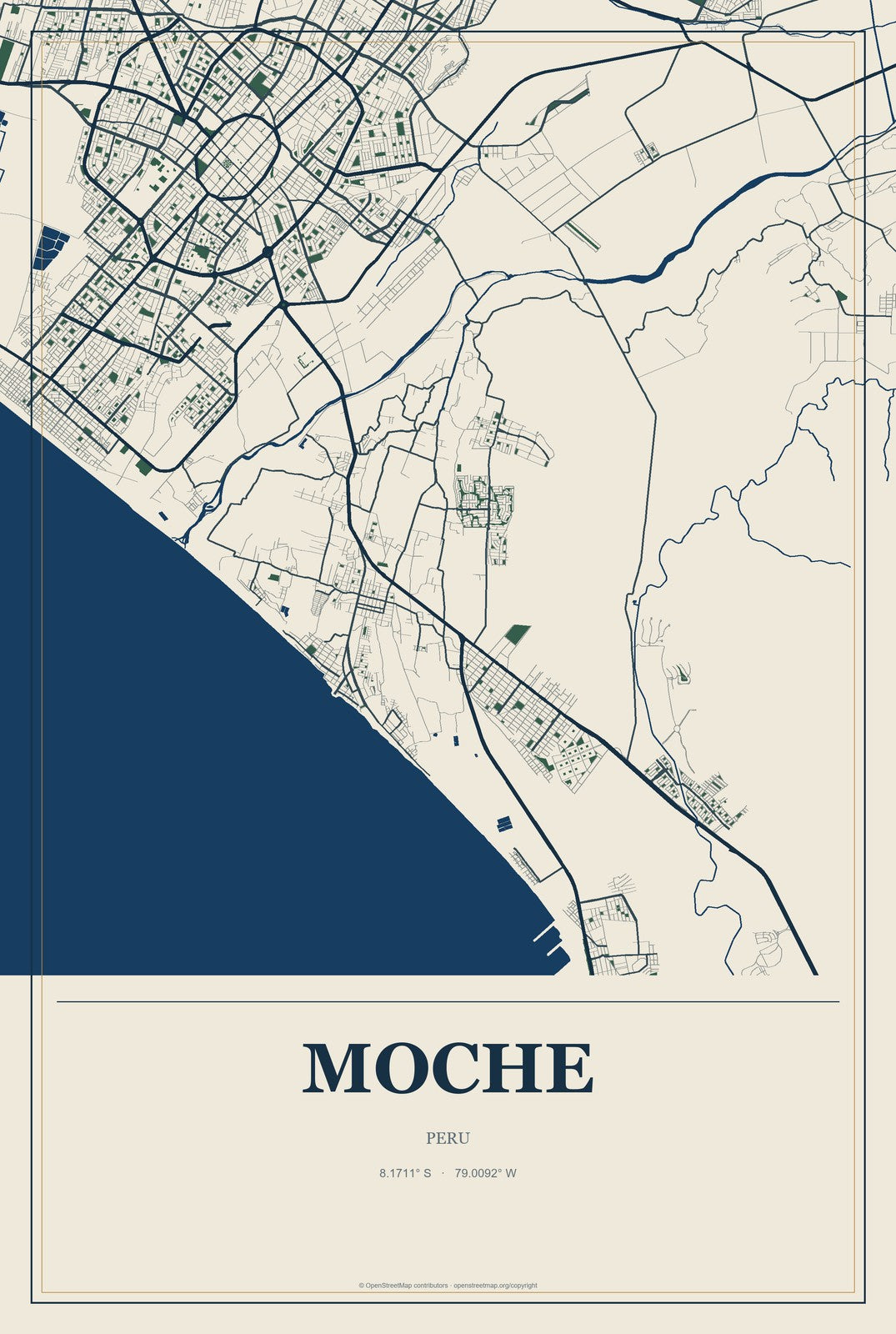 Moche, Peru City Map Aluminum Sign in Coastal Cutout style