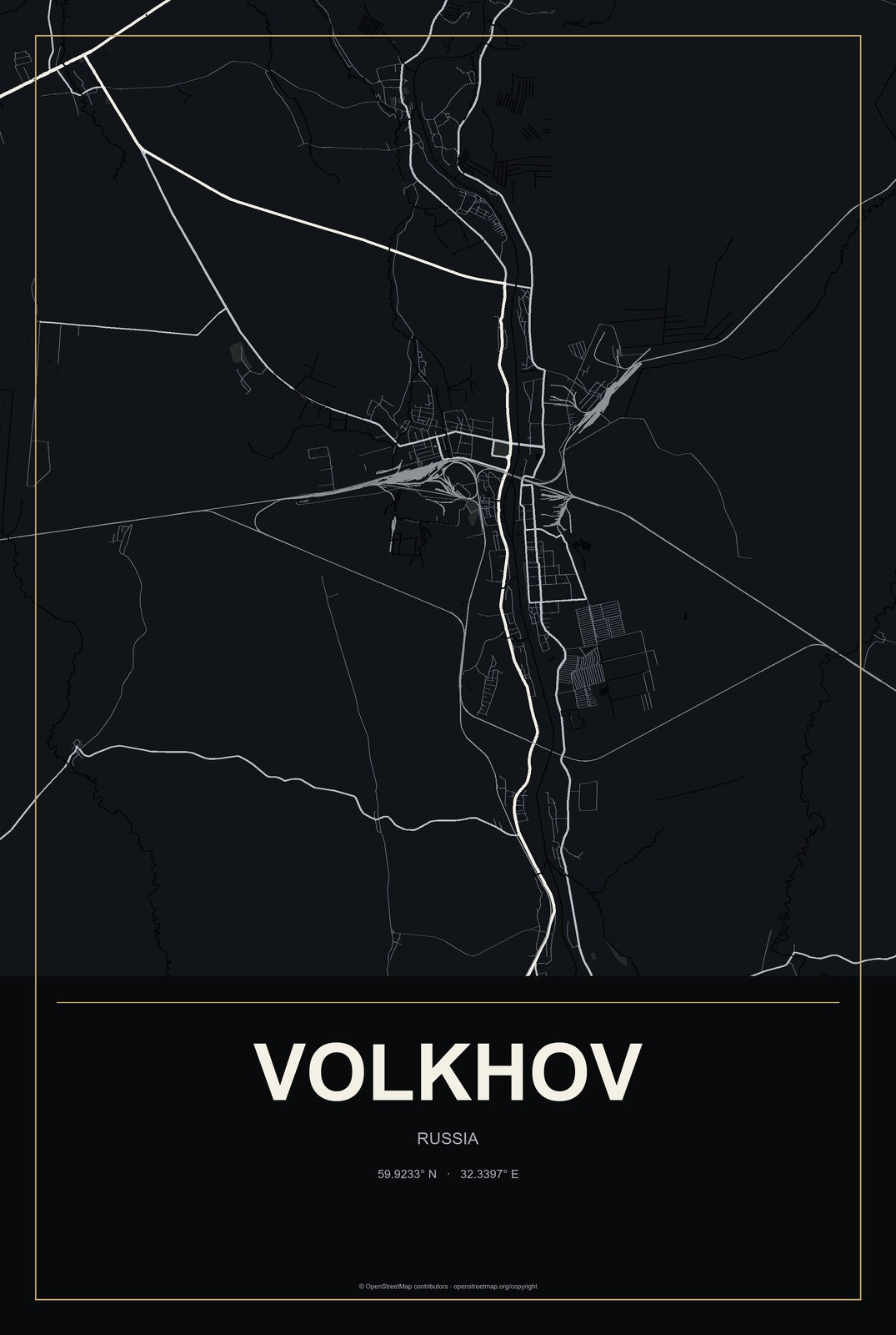 Volkhov, Russia City Map Aluminum Sign in Metropolitan Noir style