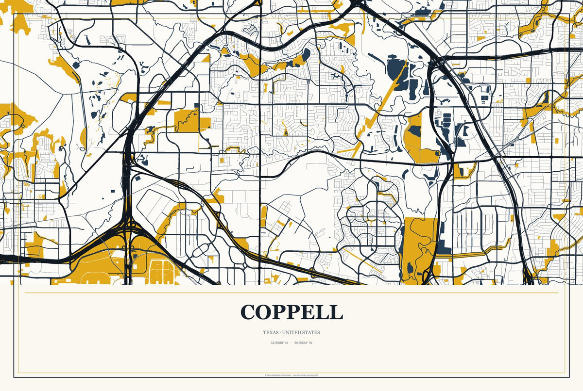 Coppell, Texas City Map Aluminum Sign in Citrine Modern style