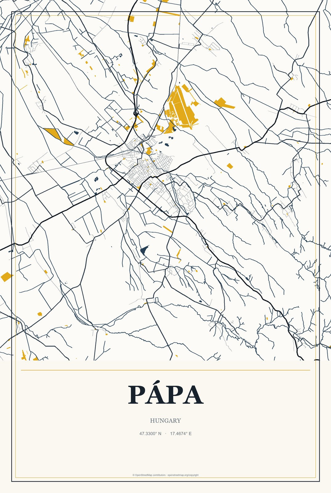 Pápa, Hungary City Map Aluminum Sign in Citrine Modern style