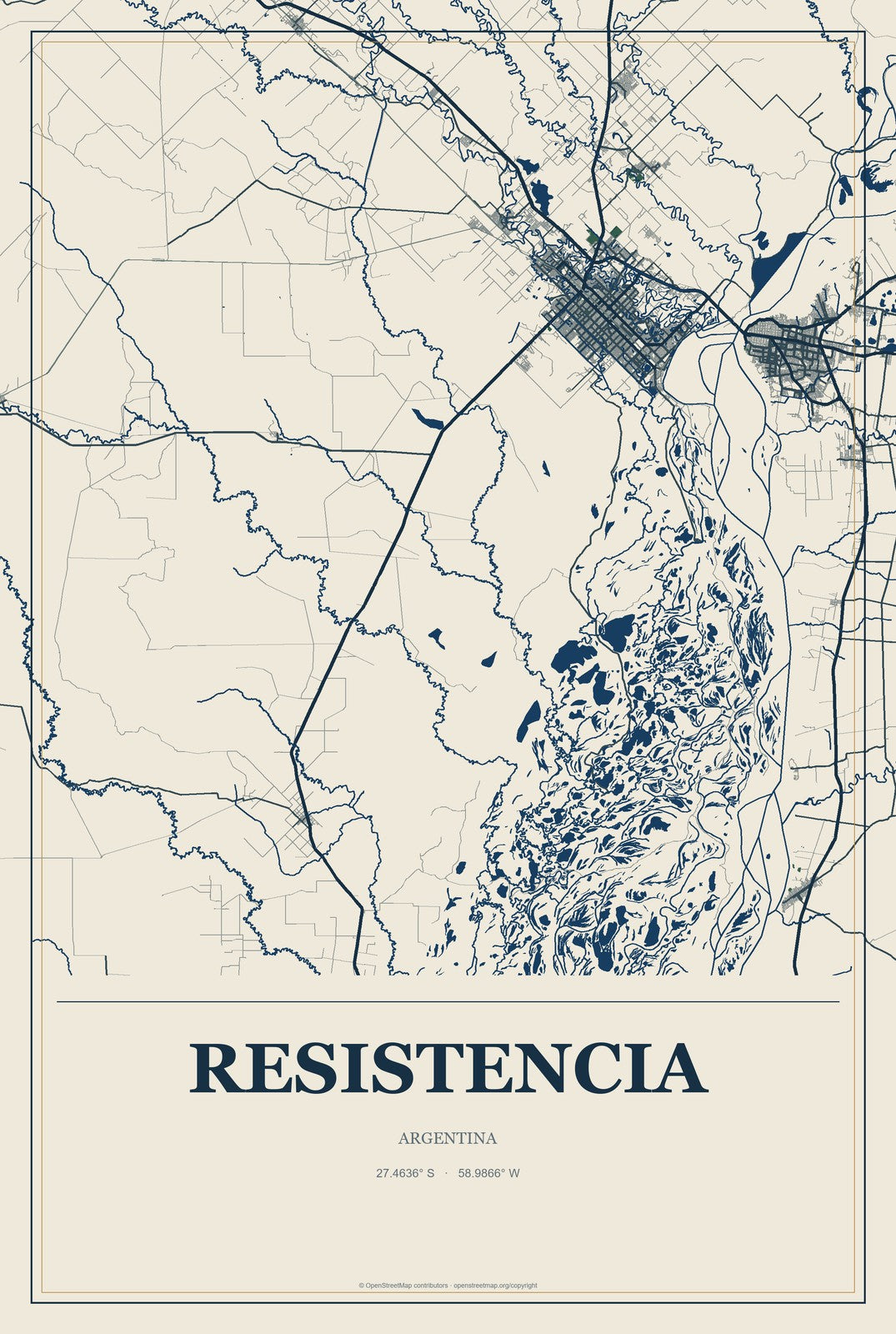 Resistencia, Argentina City Map Aluminum Sign in Coastal Cutout style