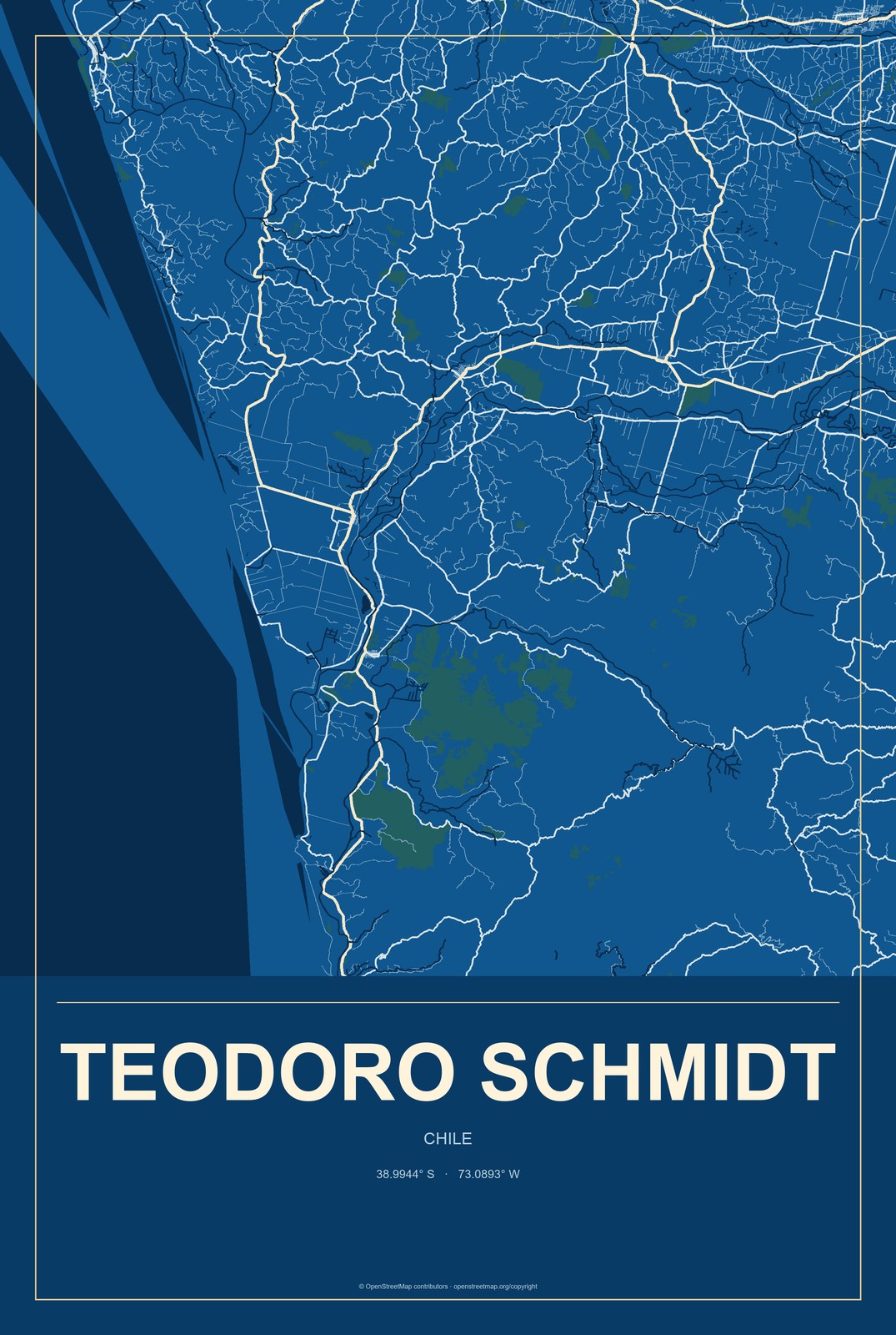Teodoro Schmidt, Chile City Map Aluminum Sign in Harbor Cobalt style