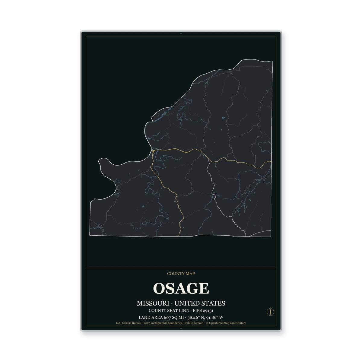 Osage County, Missouri Map Aluminum Sign in Metropolitan Noir style