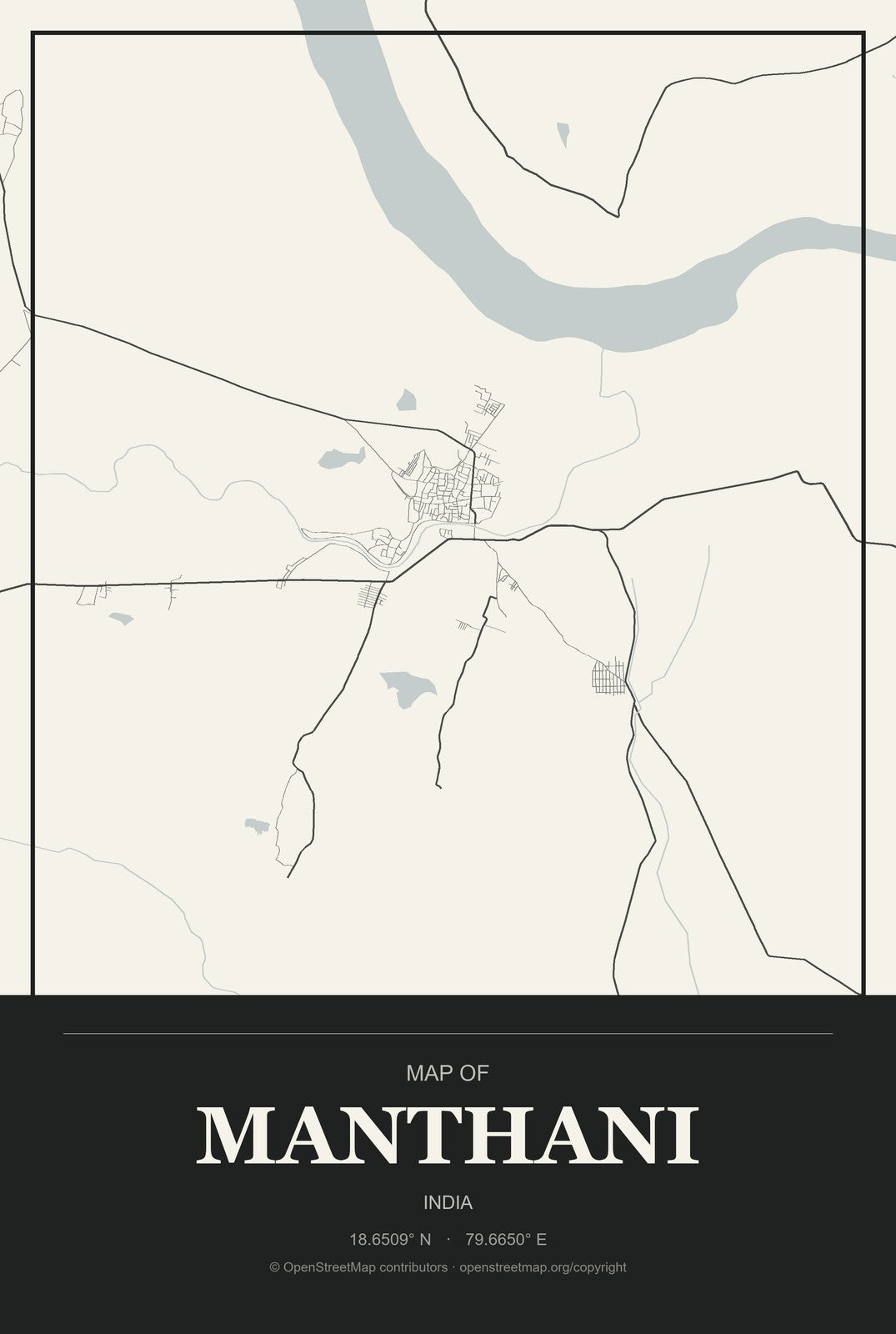 Manthani, India City Map Aluminum Sign in Museum Plaque style