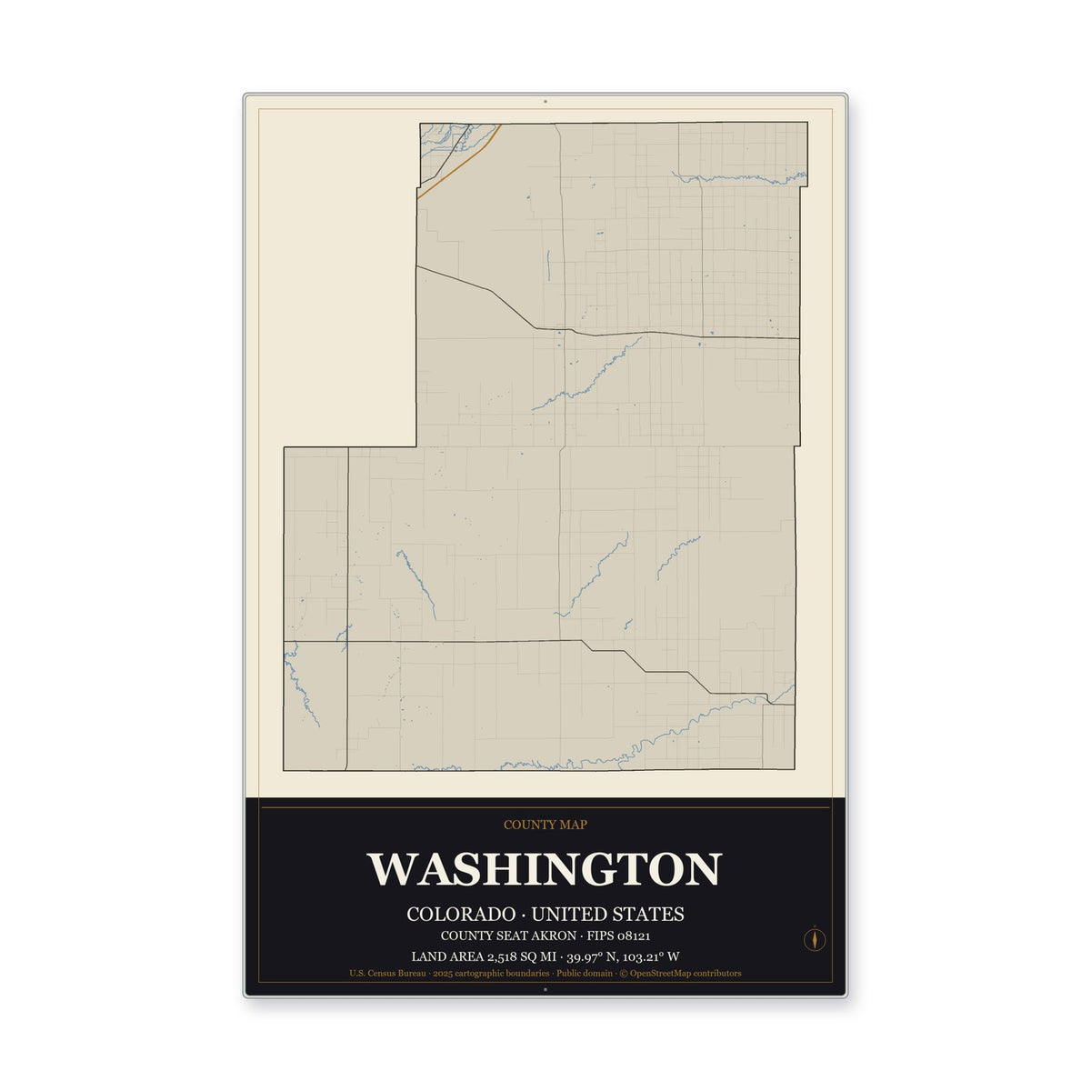 Washington County, Colorado Map Aluminum Sign in Museum Plaque style