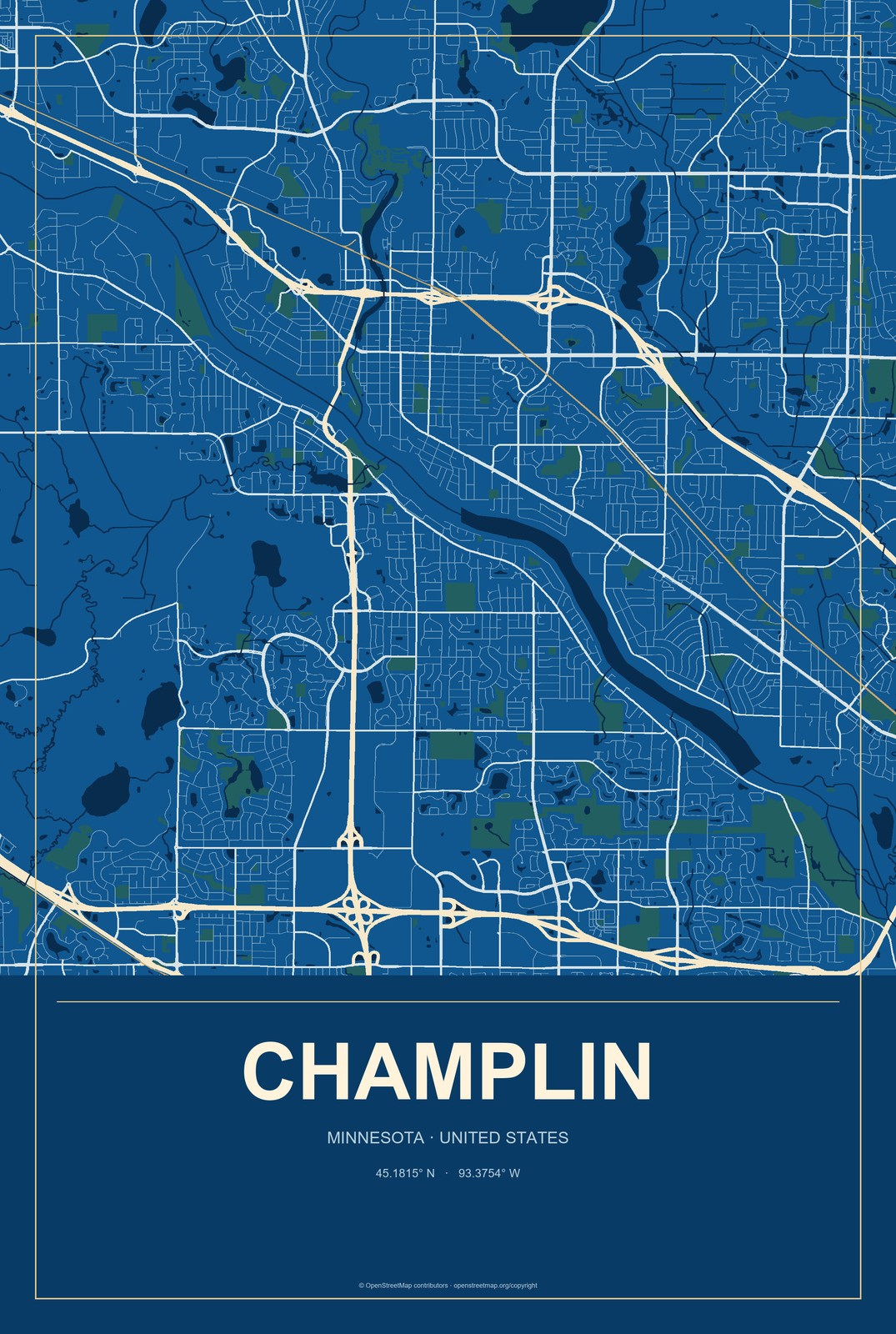 Champlin, Minnesota City Map Aluminum Sign in Harbor Cobalt style
