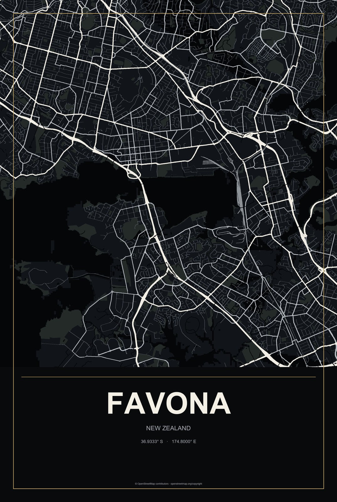 Favona, New Zealand City Map Aluminum Sign in Metropolitan Noir style