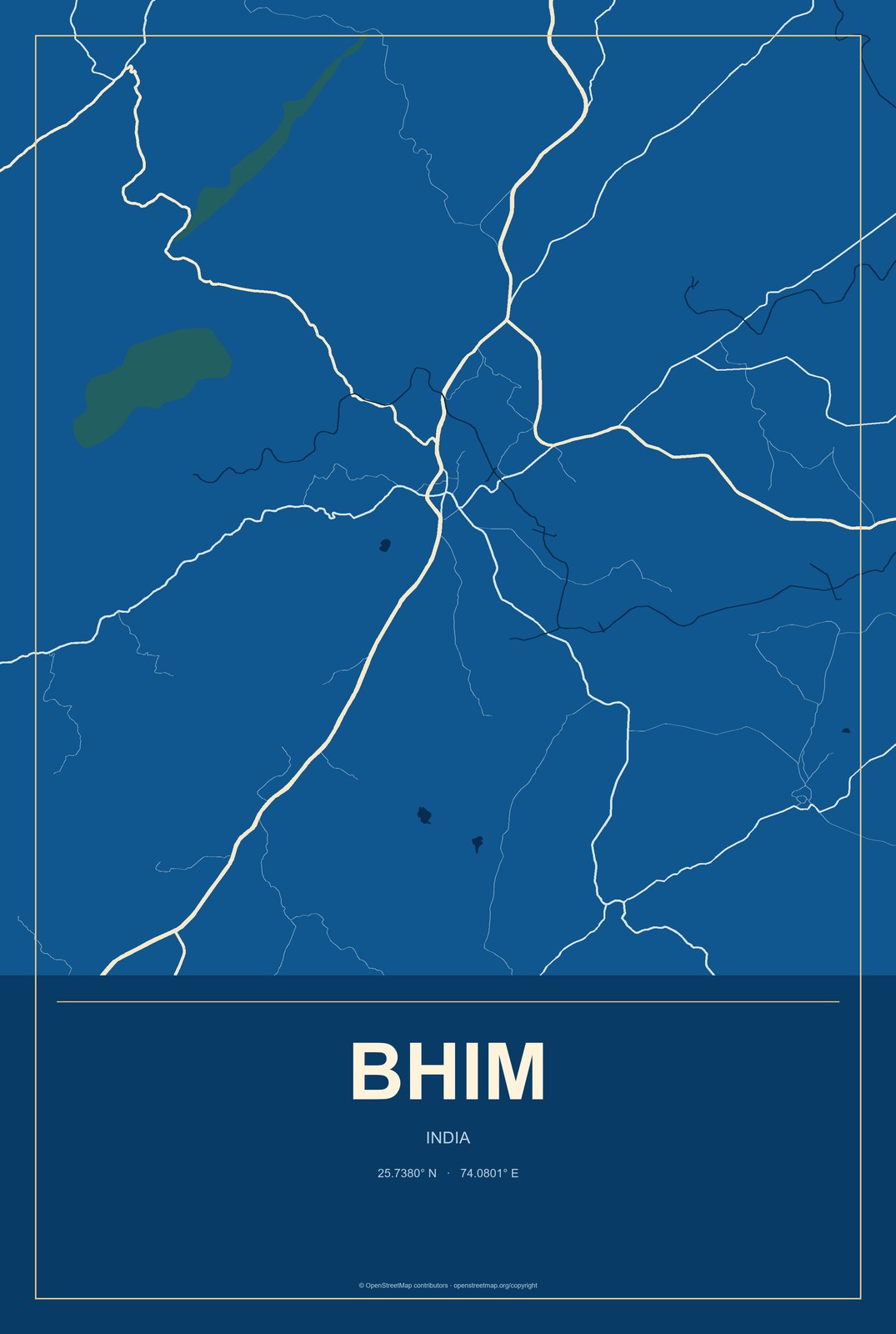 Bhim, India City Map Aluminum Sign in Harbor Cobalt style
