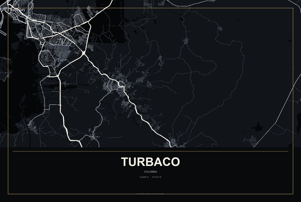 Turbaco, Colombia City Map Aluminum Sign in Metropolitan Noir style
