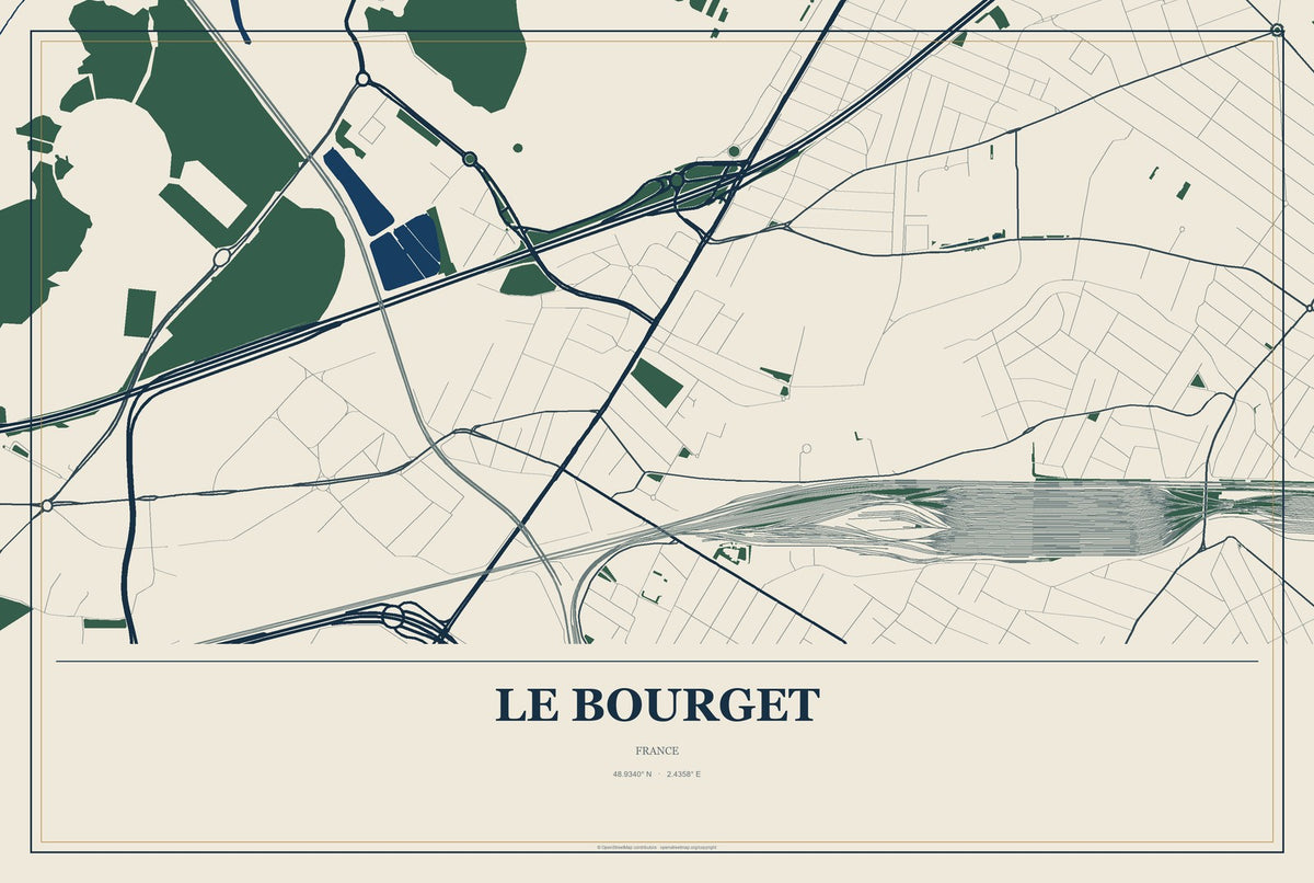 Le Bourget, France City Map Aluminum Sign in Coastal Cutout style