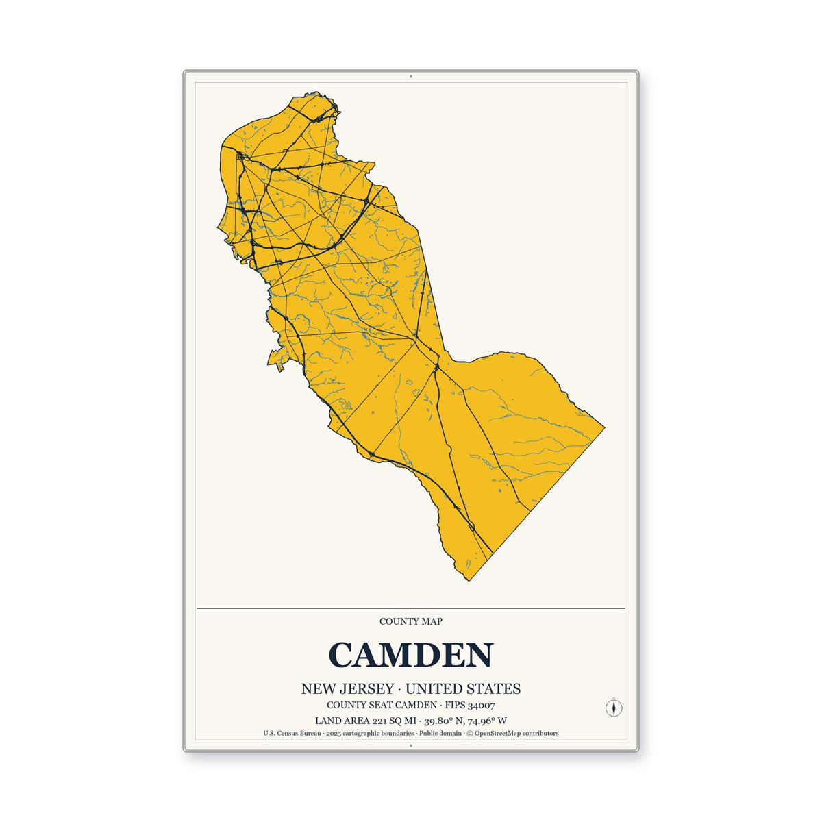 Camden County, New Jersey Map Aluminum Sign in Citrine Modern style