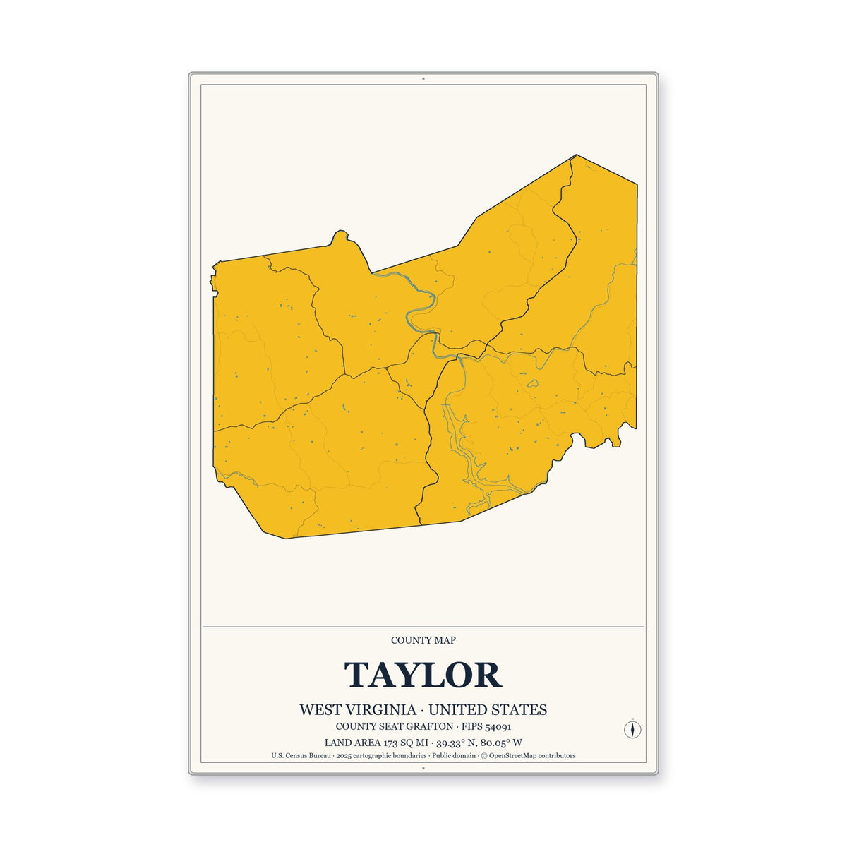 Taylor County, West Virginia Map Aluminum Sign in Citrine Modern style