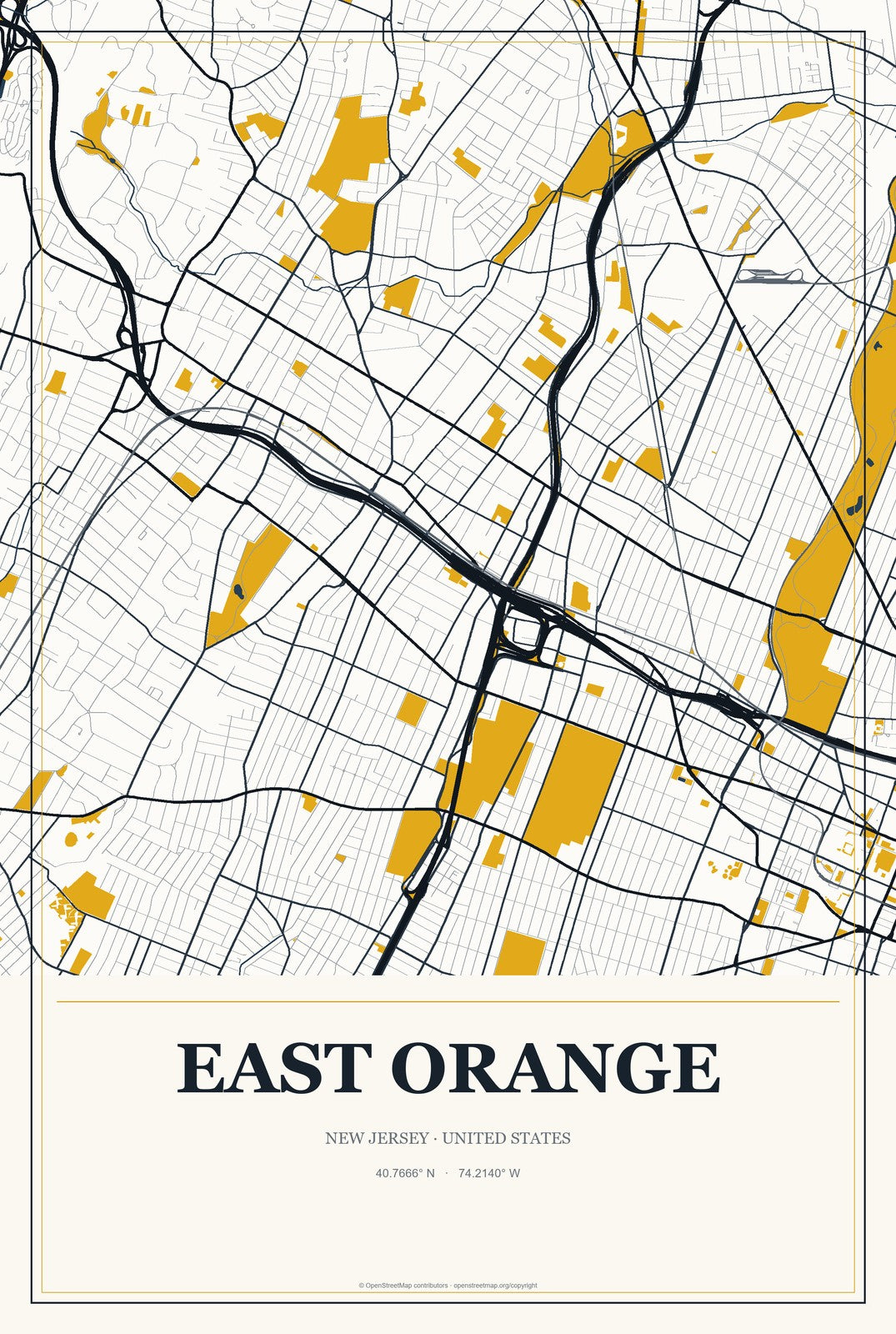 East Orange, New Jersey City Map Aluminum Sign in Citrine Modern style