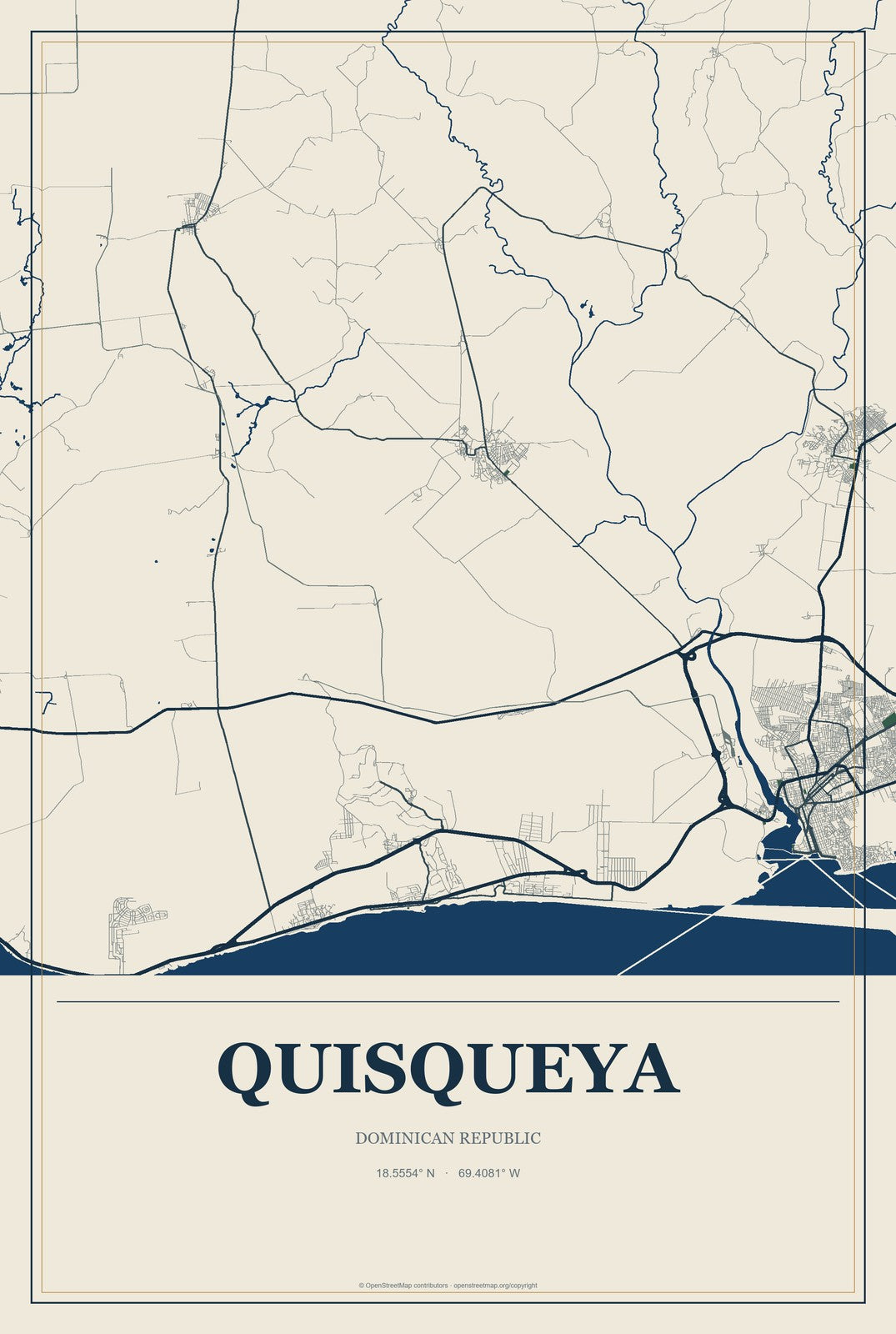Quisqueya, Dominican Republic City Map Aluminum Sign in Coastal Cutout style
