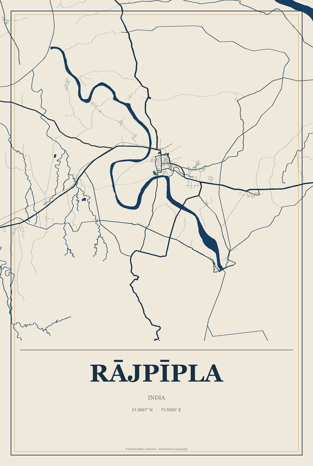 Rājpīpla, India City Map Aluminum Sign in Coastal Cutout style