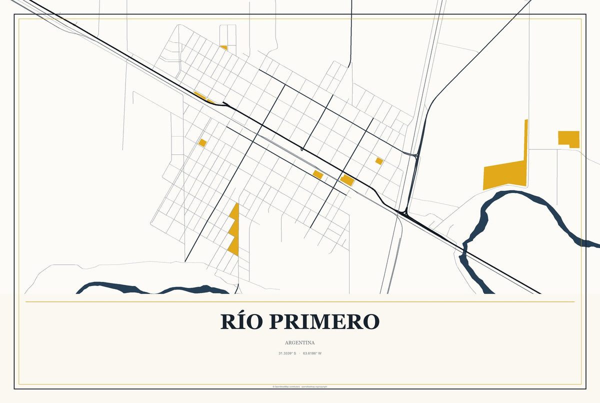 Río Primero, Argentina City Map Aluminum Sign in Citrine Modern style