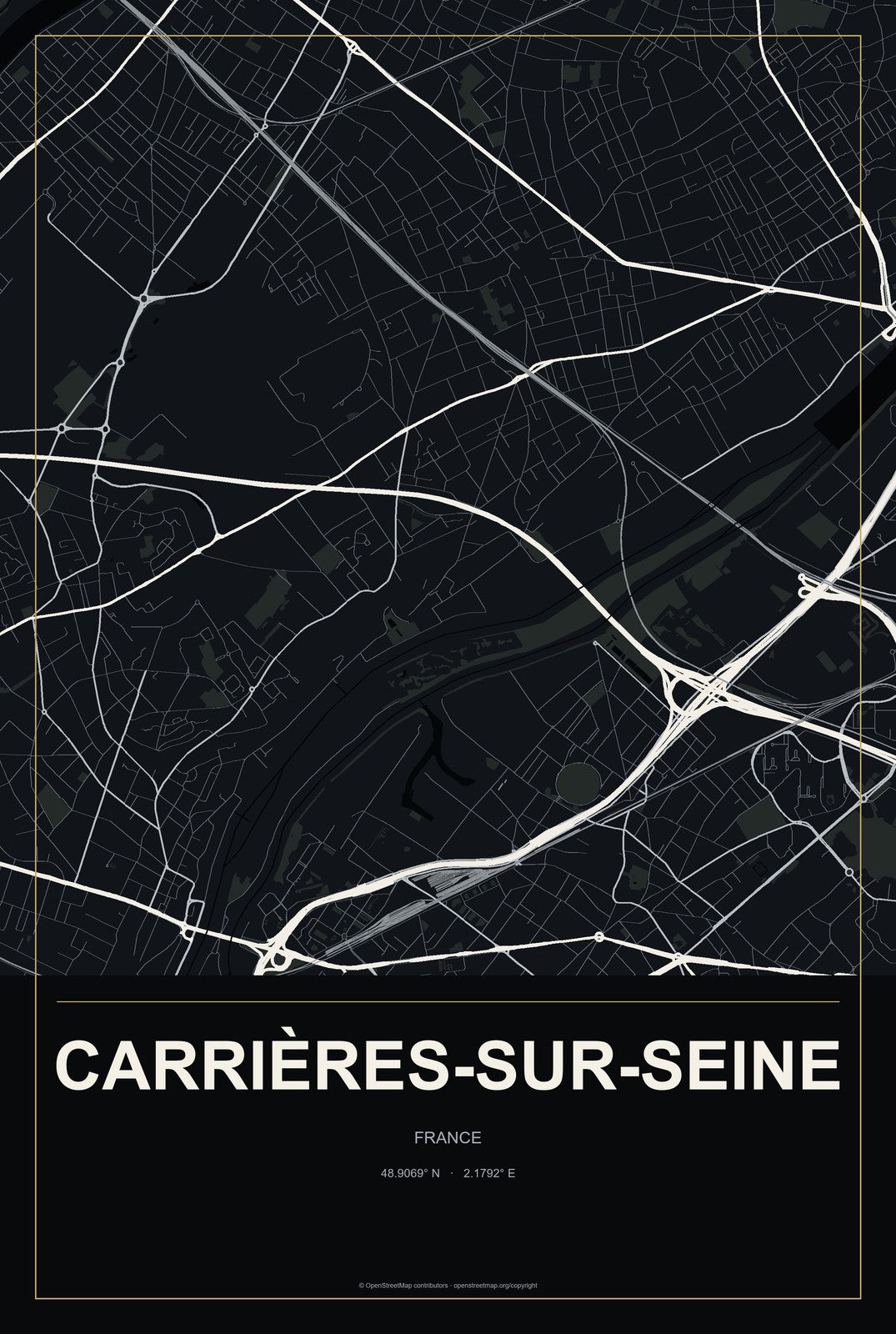 Carrières-sur-Seine, France City Map Aluminum Sign in Metropolitan Noir style