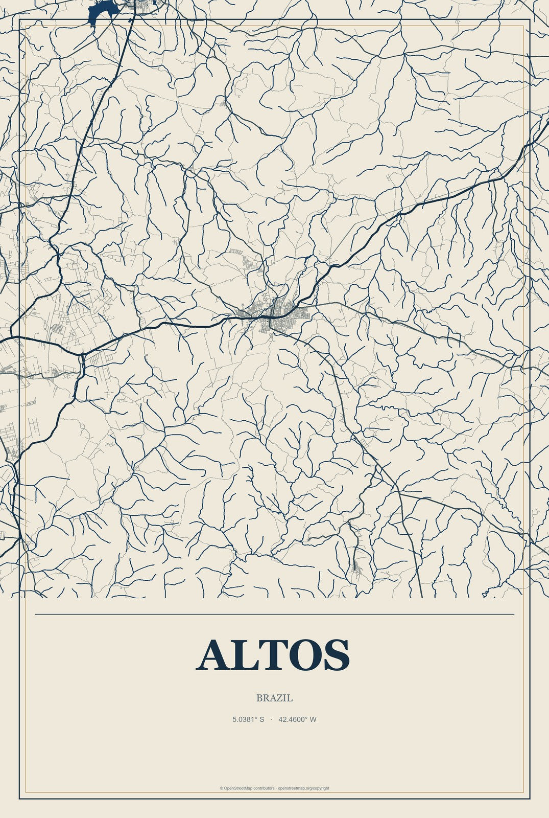 Altos, Brazil City Map Aluminum Sign in Coastal Cutout style