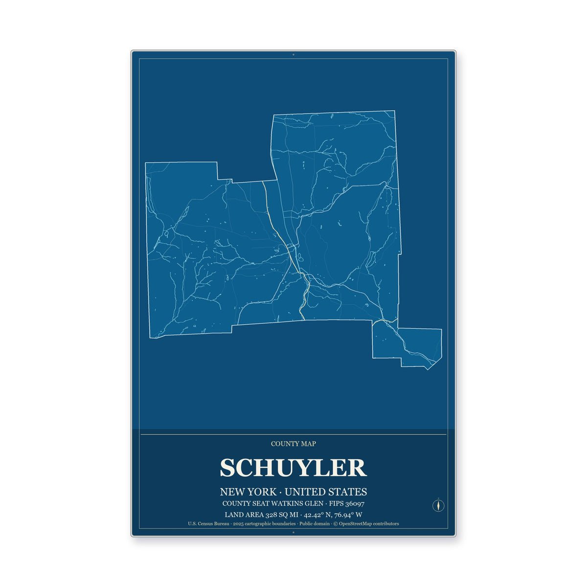 Schuyler County, New York Map Aluminum Sign in Harbor Cobalt style