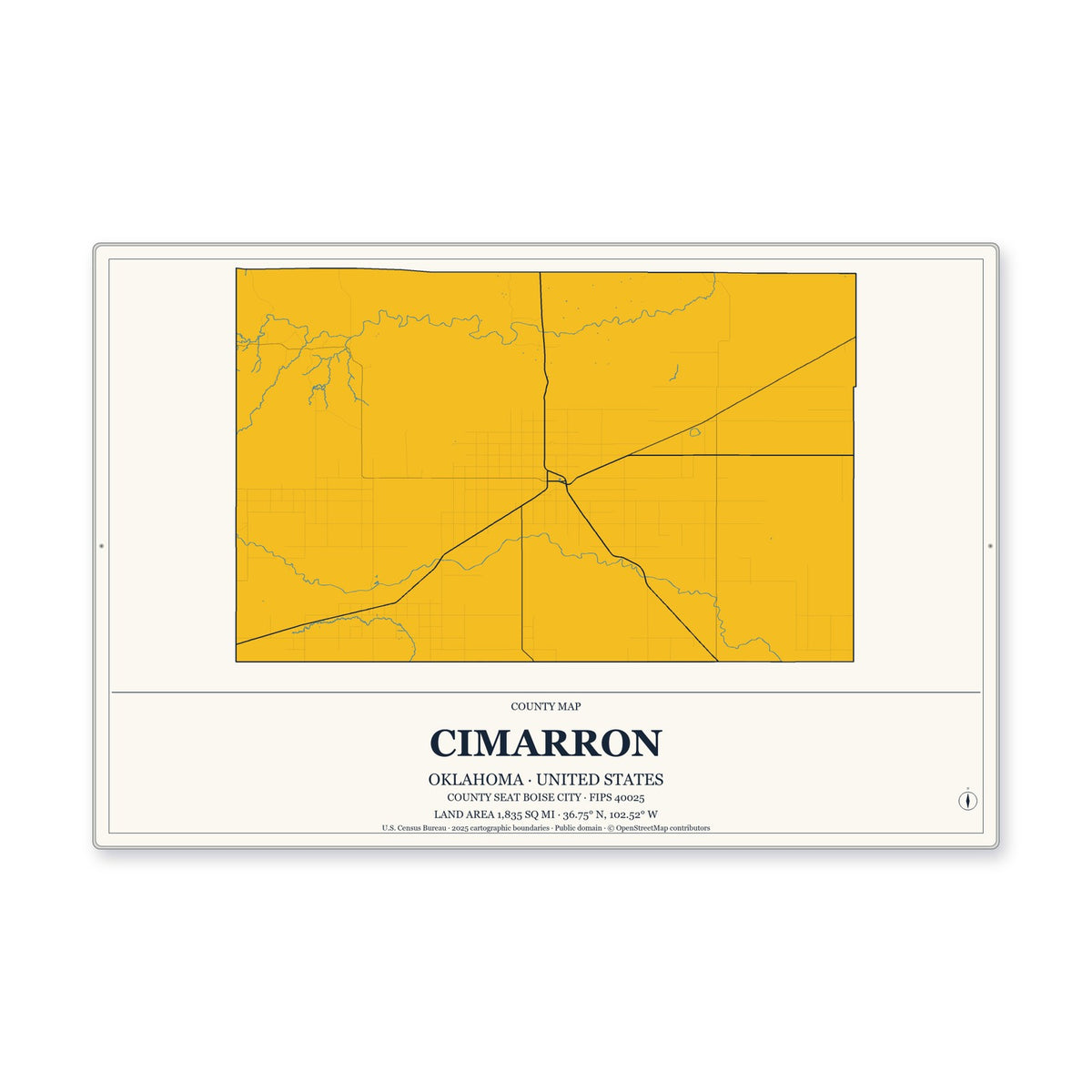 Cimarron County, Oklahoma Map Aluminum Sign in Citrine Modern style