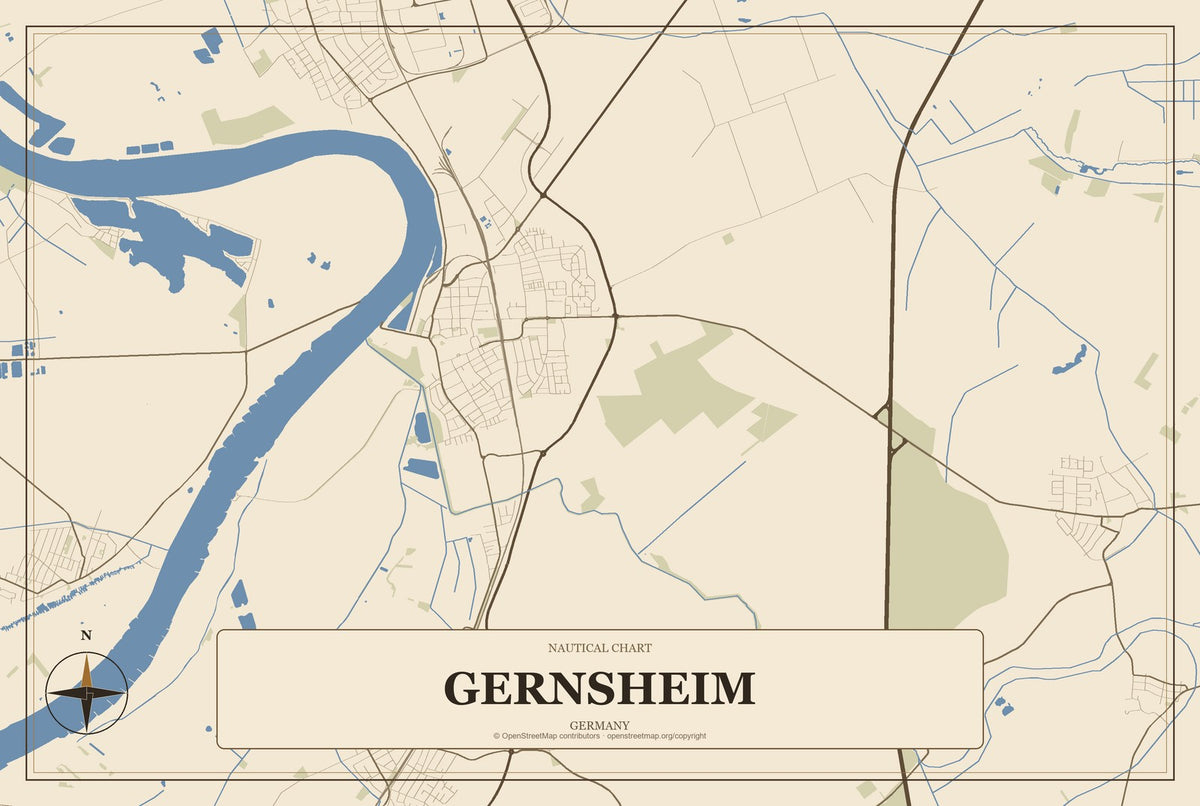 Gernsheim, Germany City Map Aluminum Sign in Heritage Nautical style