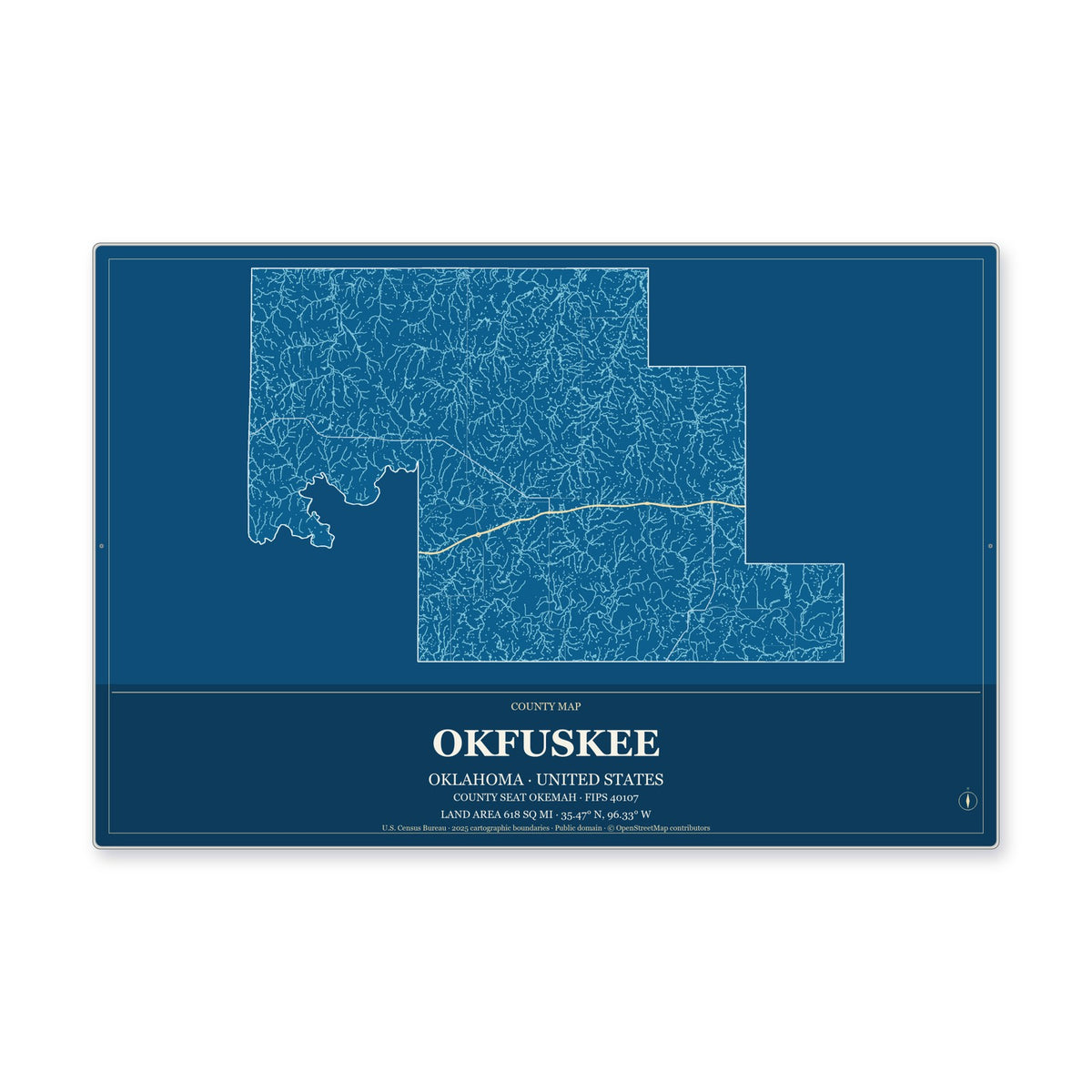 Okfuskee County, Oklahoma Map Aluminum Sign in Harbor Cobalt style