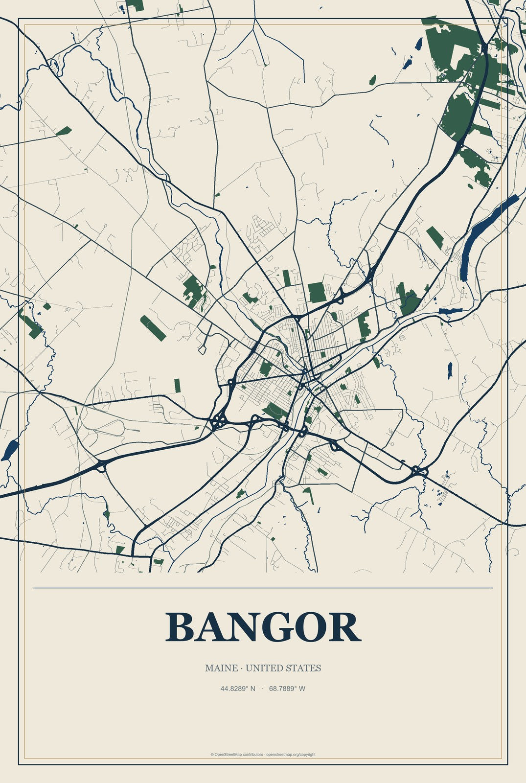 Bangor, Maine City Map Aluminum Sign in Coastal Cutout style