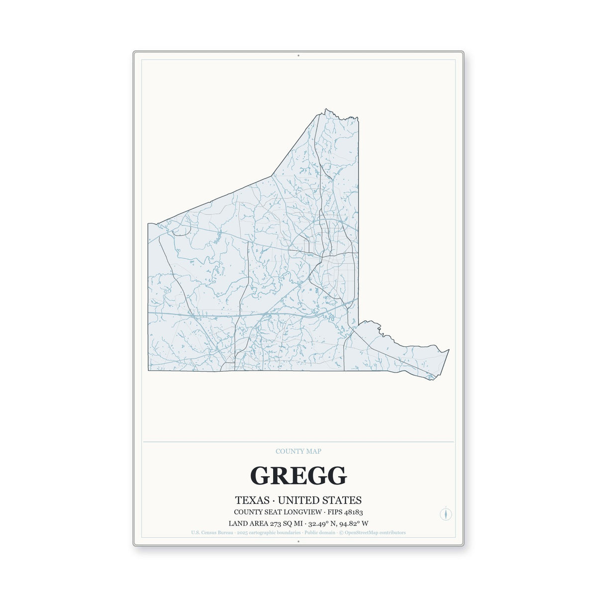 Gregg County, Texas Map Aluminum Sign in Gallery Air style