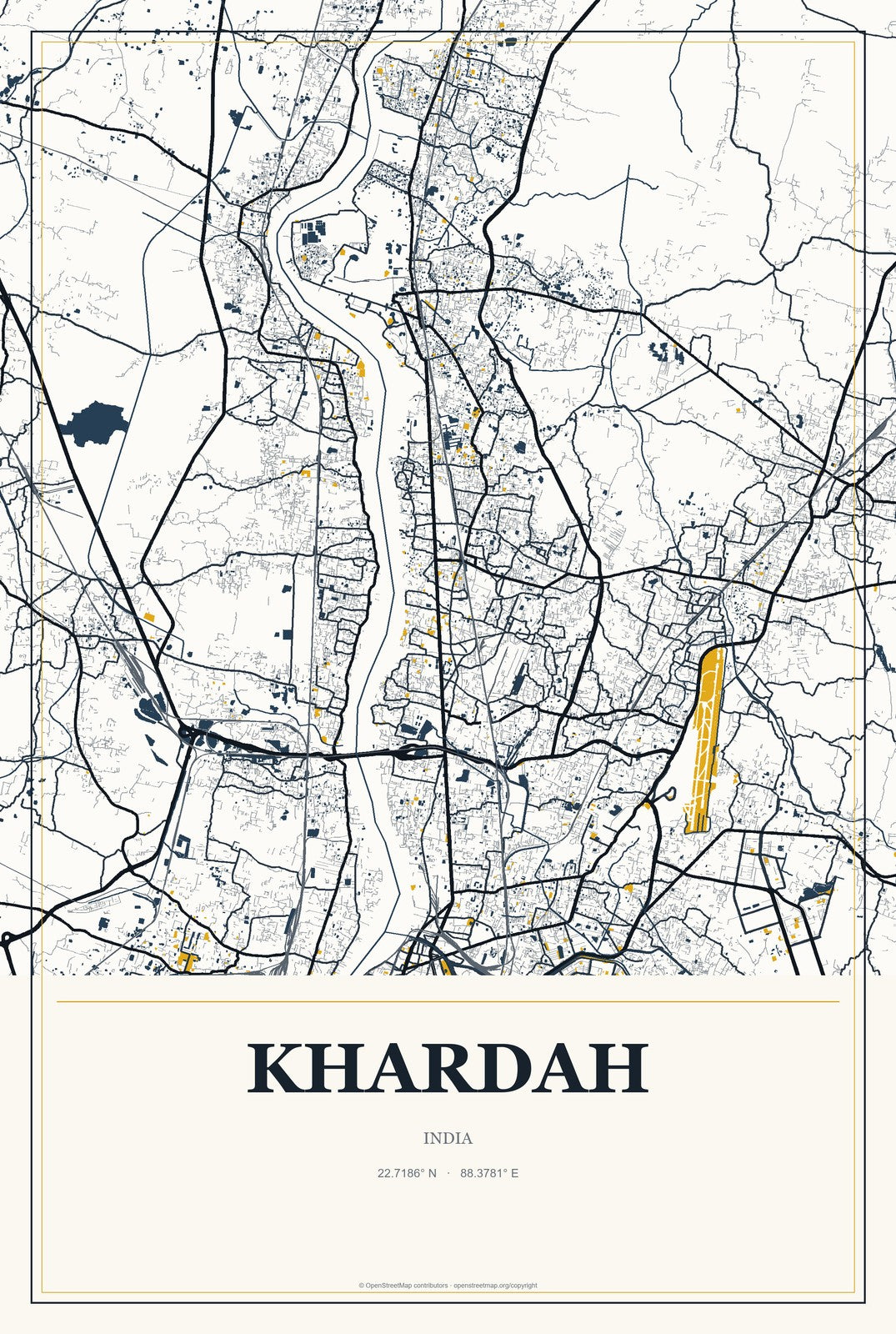 Khardah, India City Map Aluminum Sign in Citrine Modern style