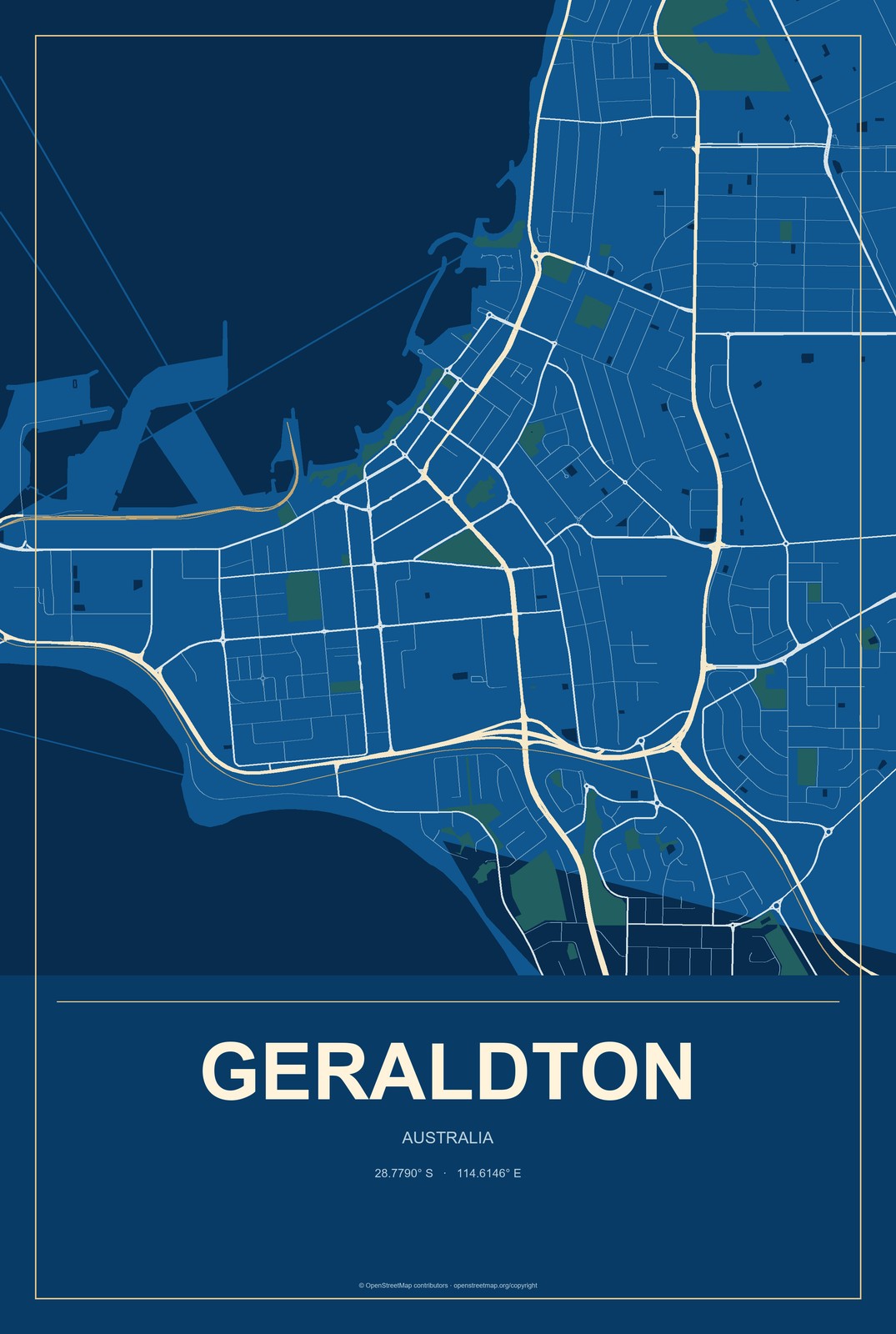 Geraldton, Australia City Map Aluminum Sign in Harbor Cobalt style