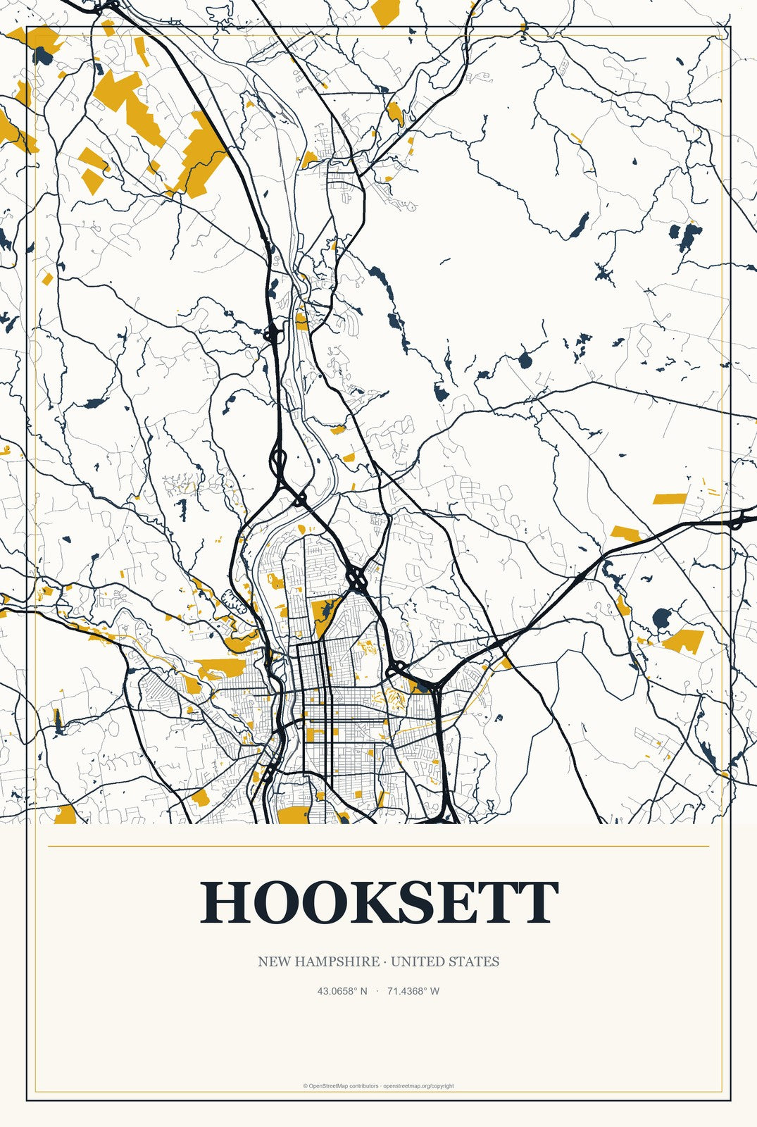 Hooksett, New Hampshire City Map Aluminum Sign in Citrine Modern style
