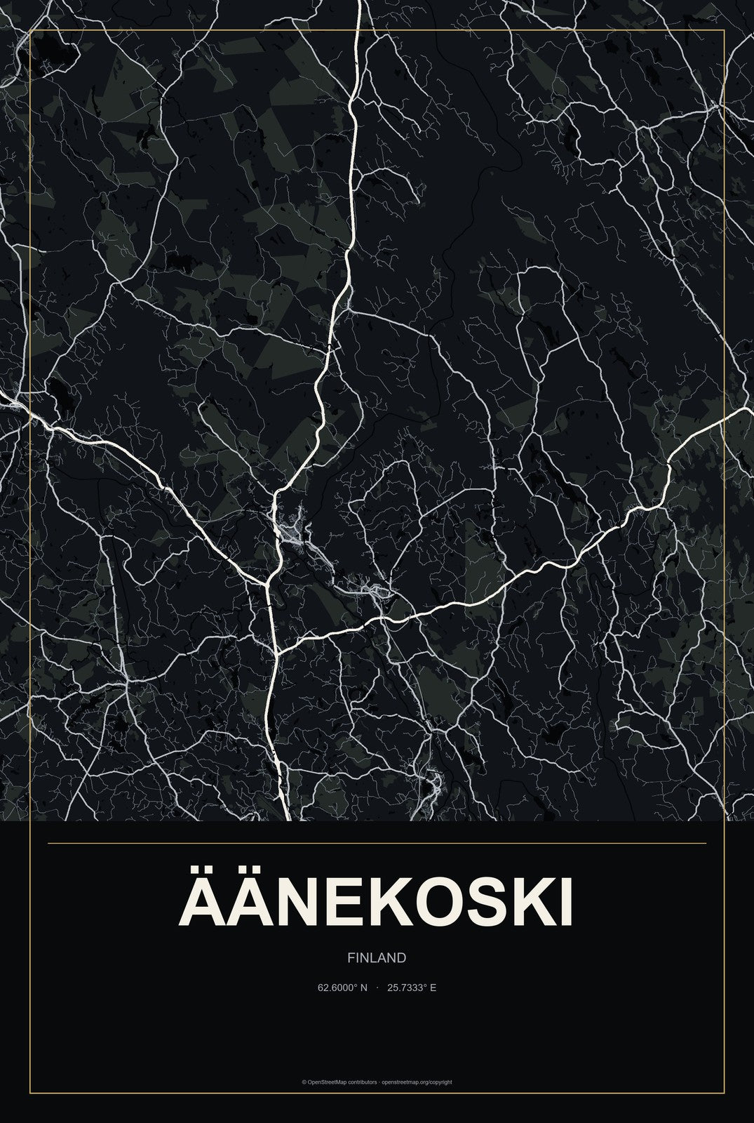 Äänekoski, Finland City Map Aluminum Sign in Metropolitan Noir style