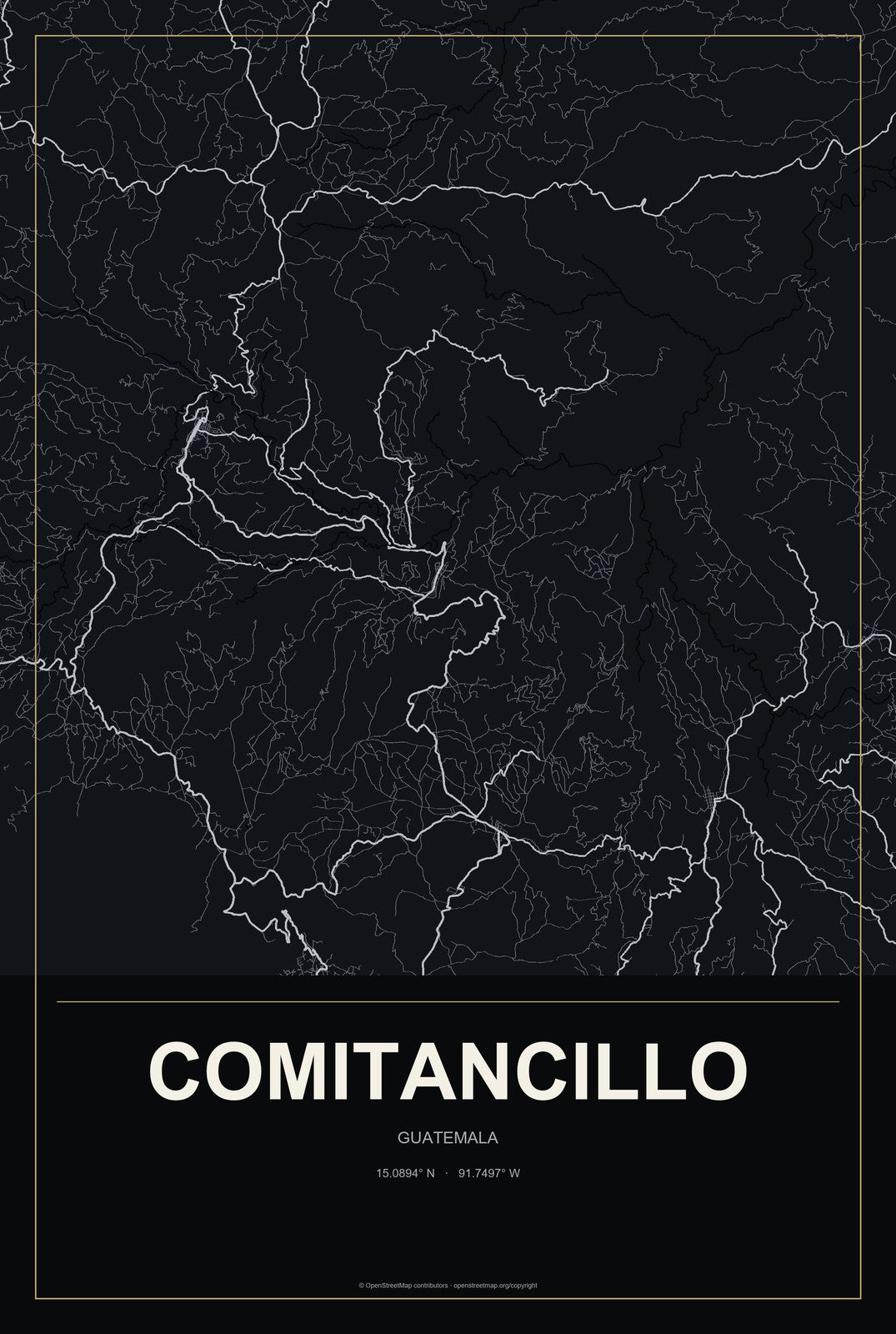 Comitancillo, Guatemala City Map Aluminum Sign in Metropolitan Noir style