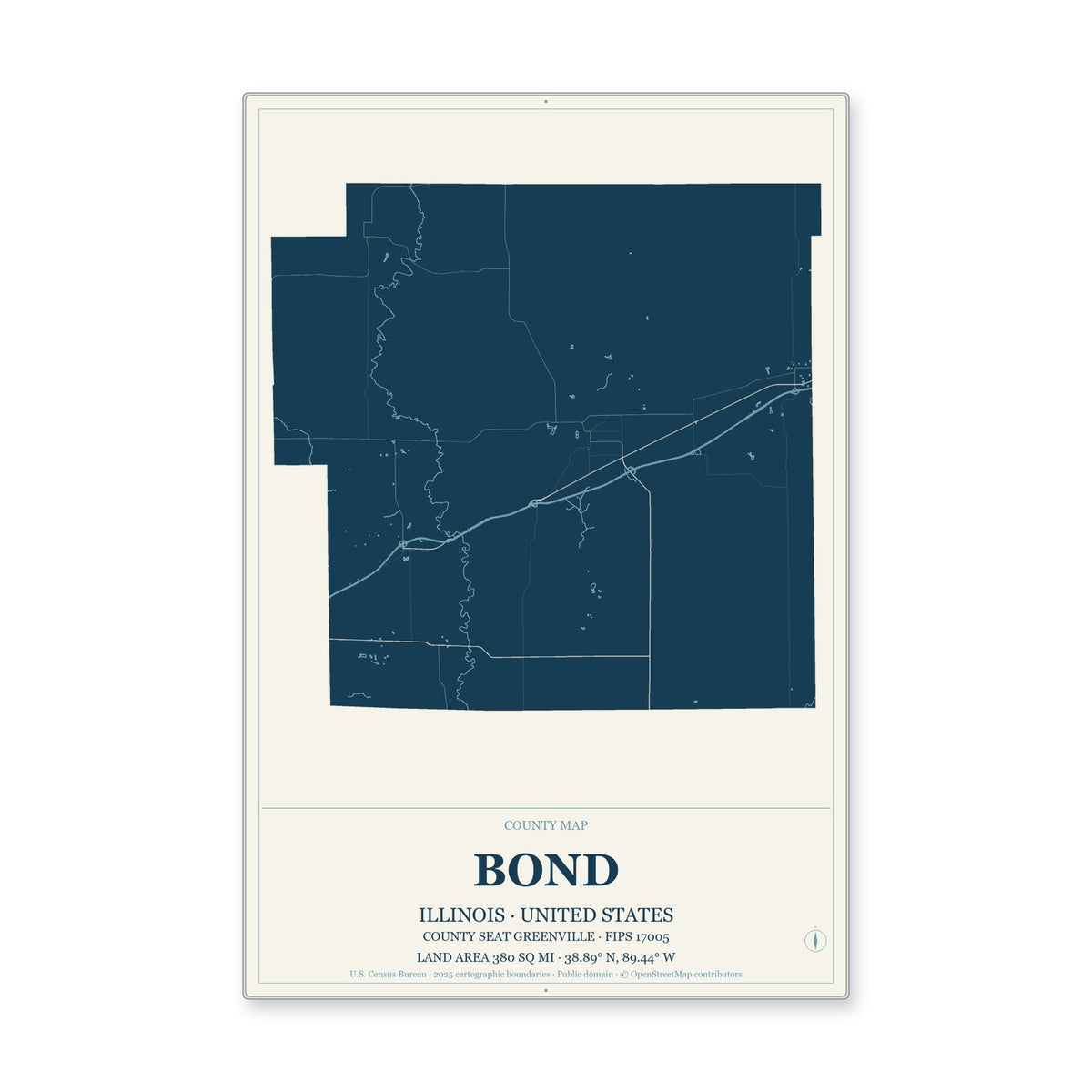 Bond County, Illinois Map Aluminum Sign in Coastal Cutout style