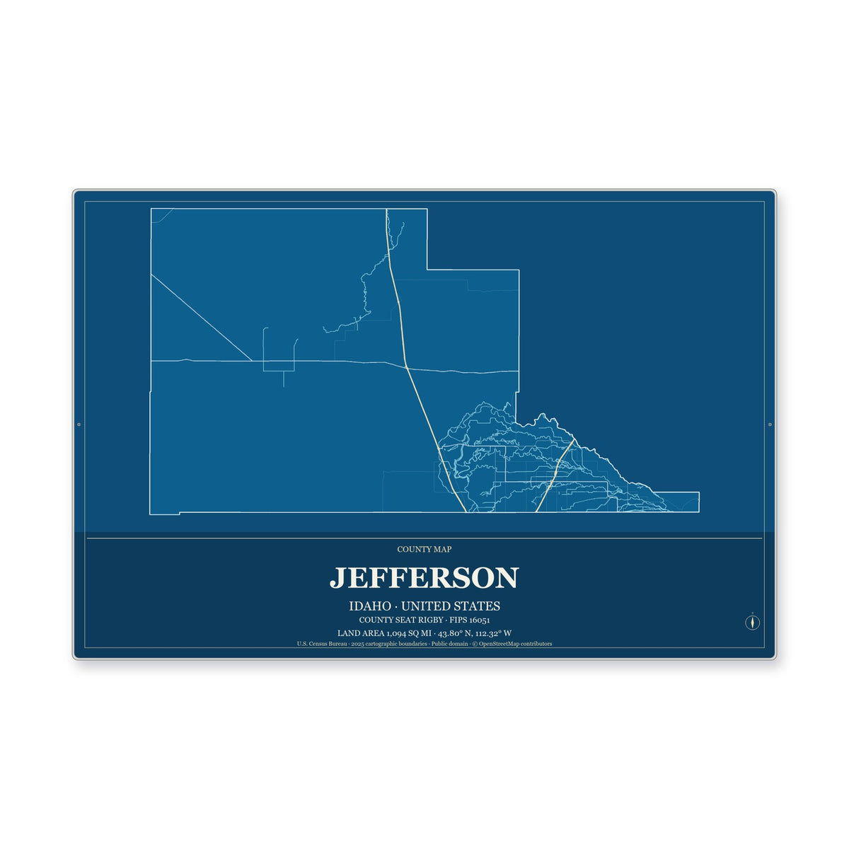 Jefferson County, Idaho Map Aluminum Sign in Harbor Cobalt style