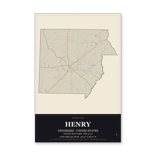 Henry County, Tennessee Map Aluminum Sign in Museum Plaque style