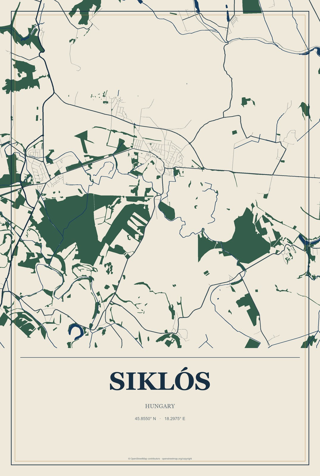 Siklós, Hungary City Map Aluminum Sign in Coastal Cutout style