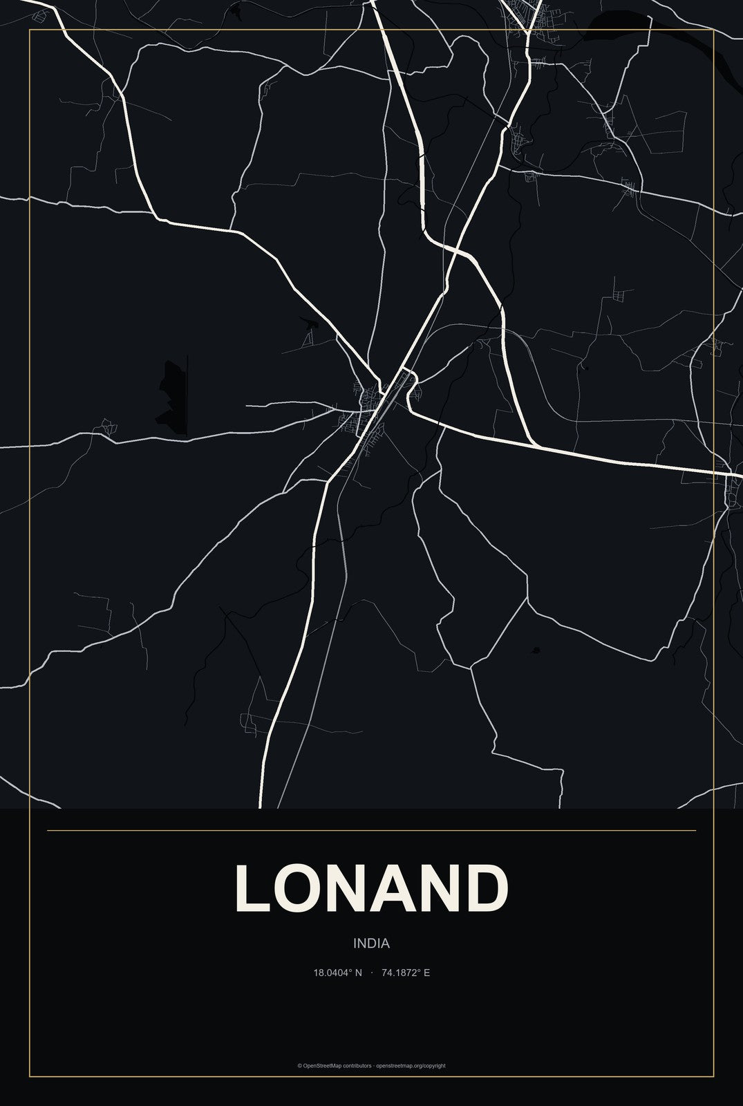 Lonand, India City Map Aluminum Sign in Metropolitan Noir style