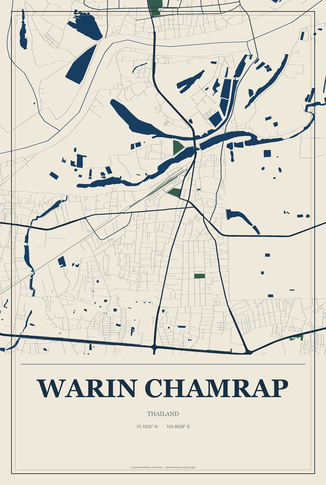 Warin Chamrap, Thailand City Map Aluminum Sign in Coastal Cutout style