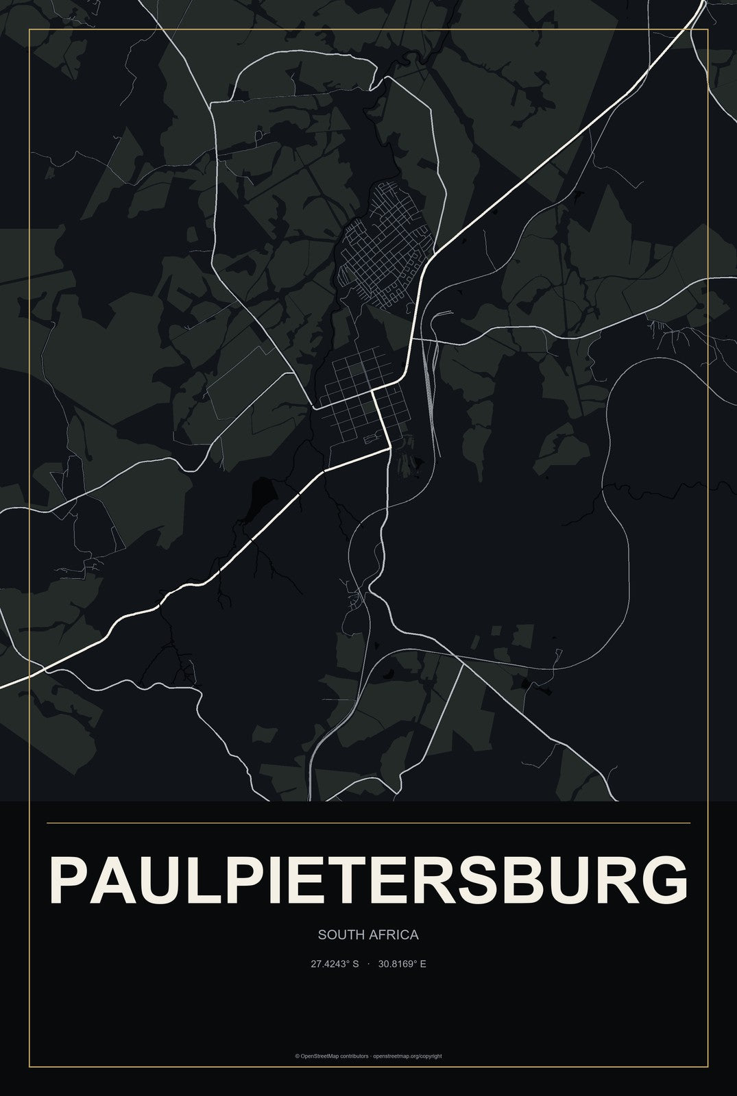 Paulpietersburg, South Africa City Map Aluminum Sign in Metropolitan Noir style
