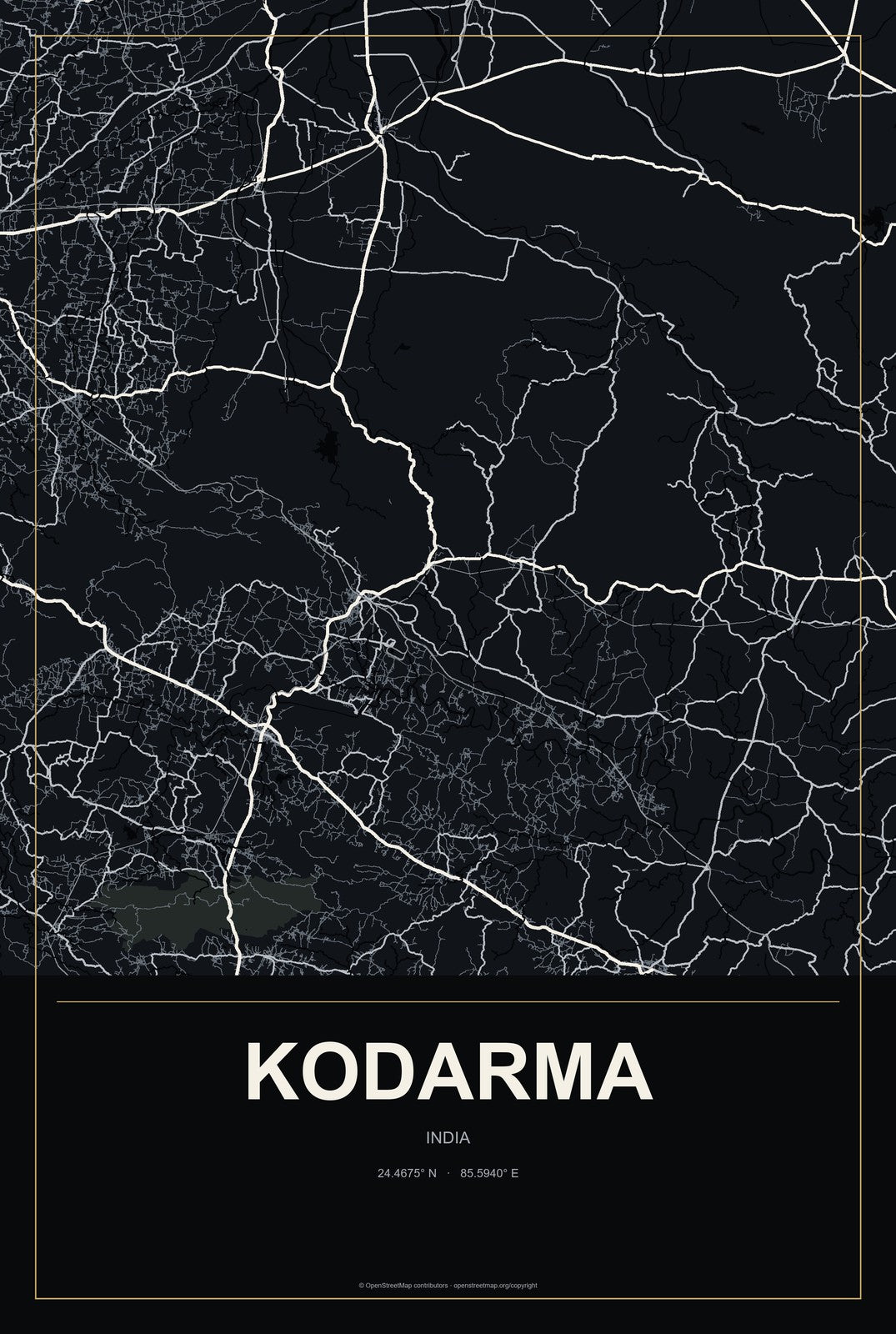 Kodarma, India City Map Aluminum Sign in Metropolitan Noir style