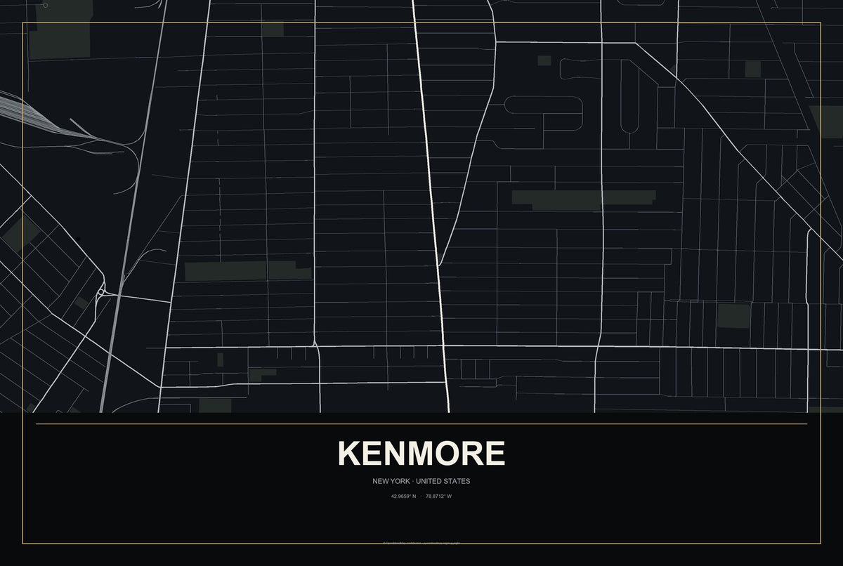 Kenmore, New York City Map Aluminum Sign in Metropolitan Noir style