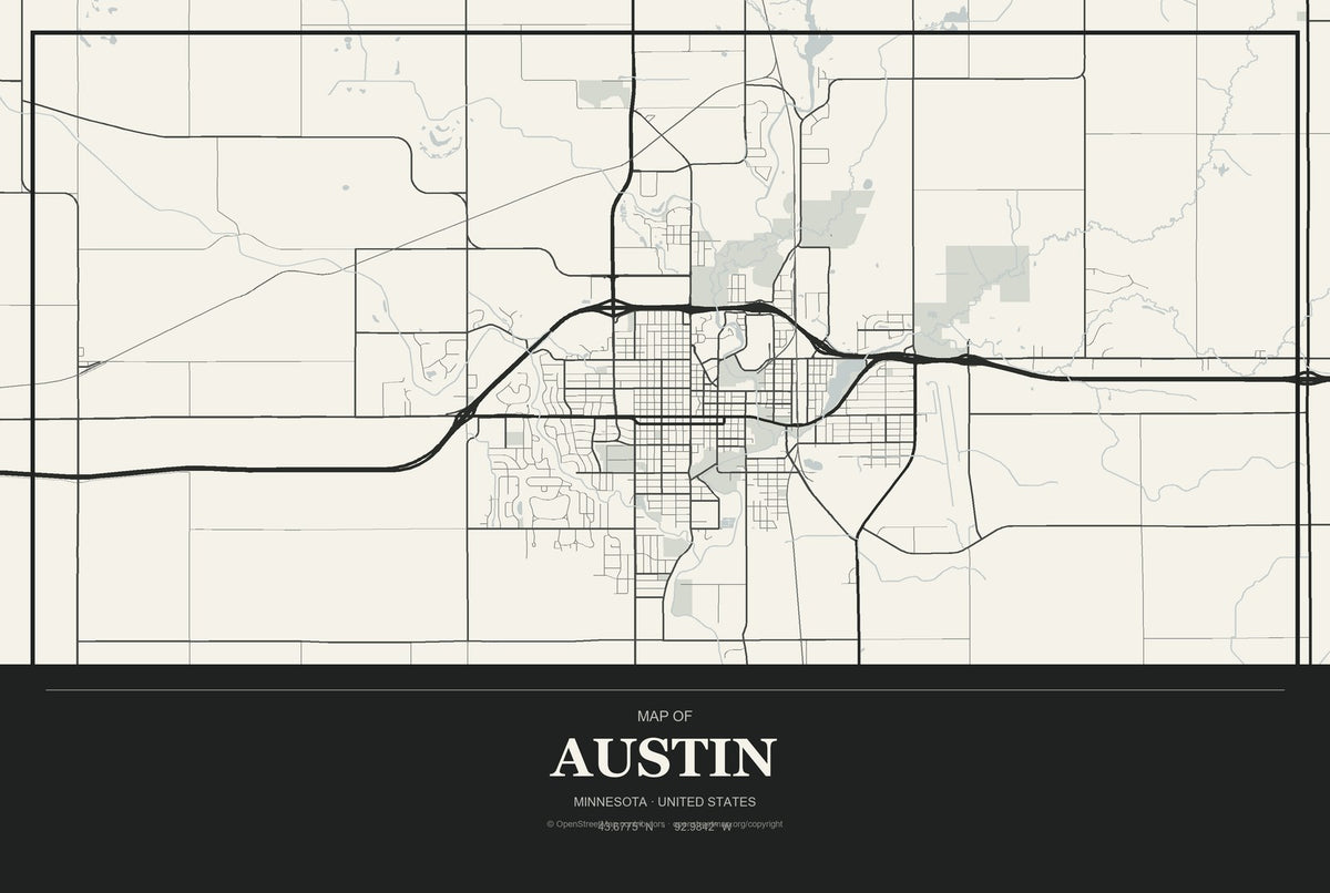 Austin, Minnesota City Map Aluminum Sign in Museum Plaque style