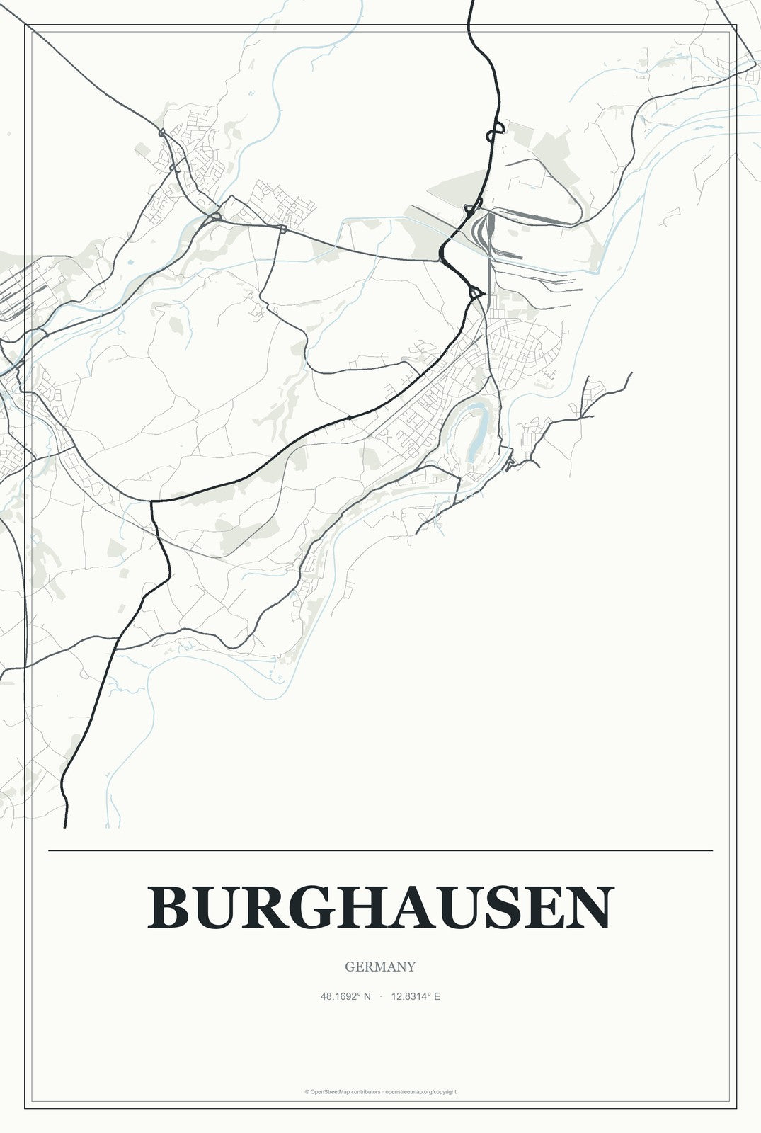 Burghausen, Germany City Map Aluminum Sign in Gallery Air style