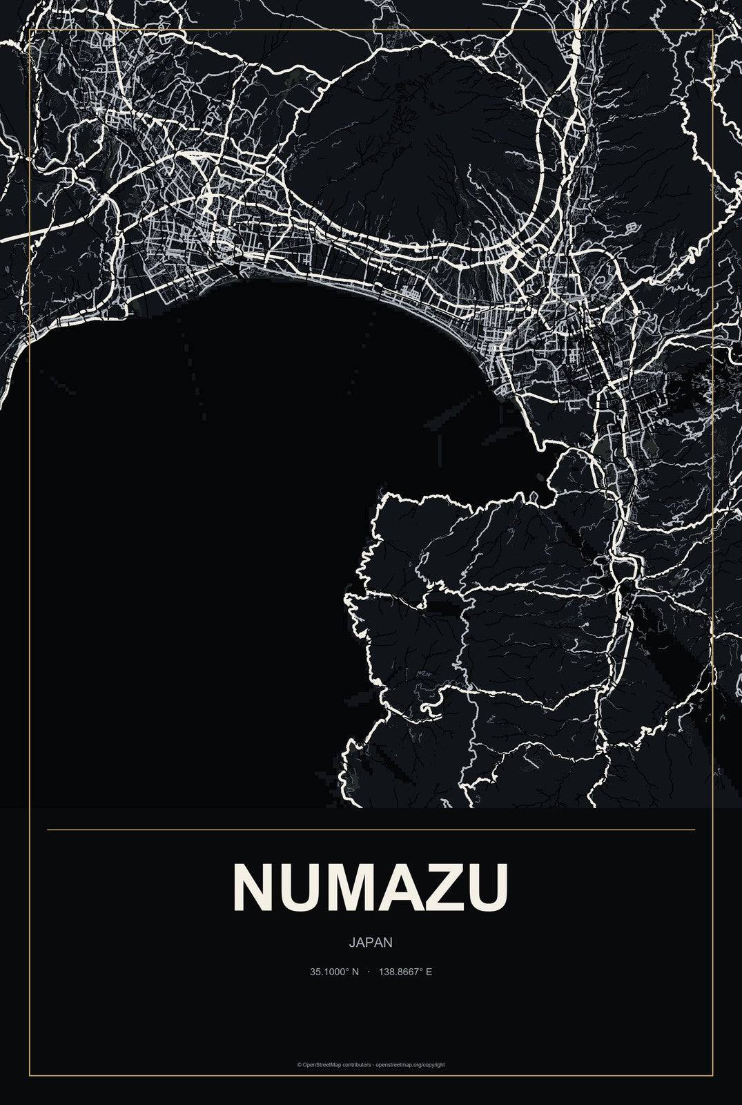 Numazu, Japan City Map Aluminum Sign in Metropolitan Noir style