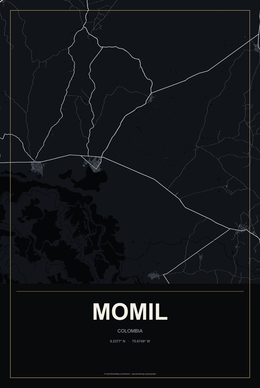 Momil, Colombia City Map Aluminum Sign in Metropolitan Noir style
